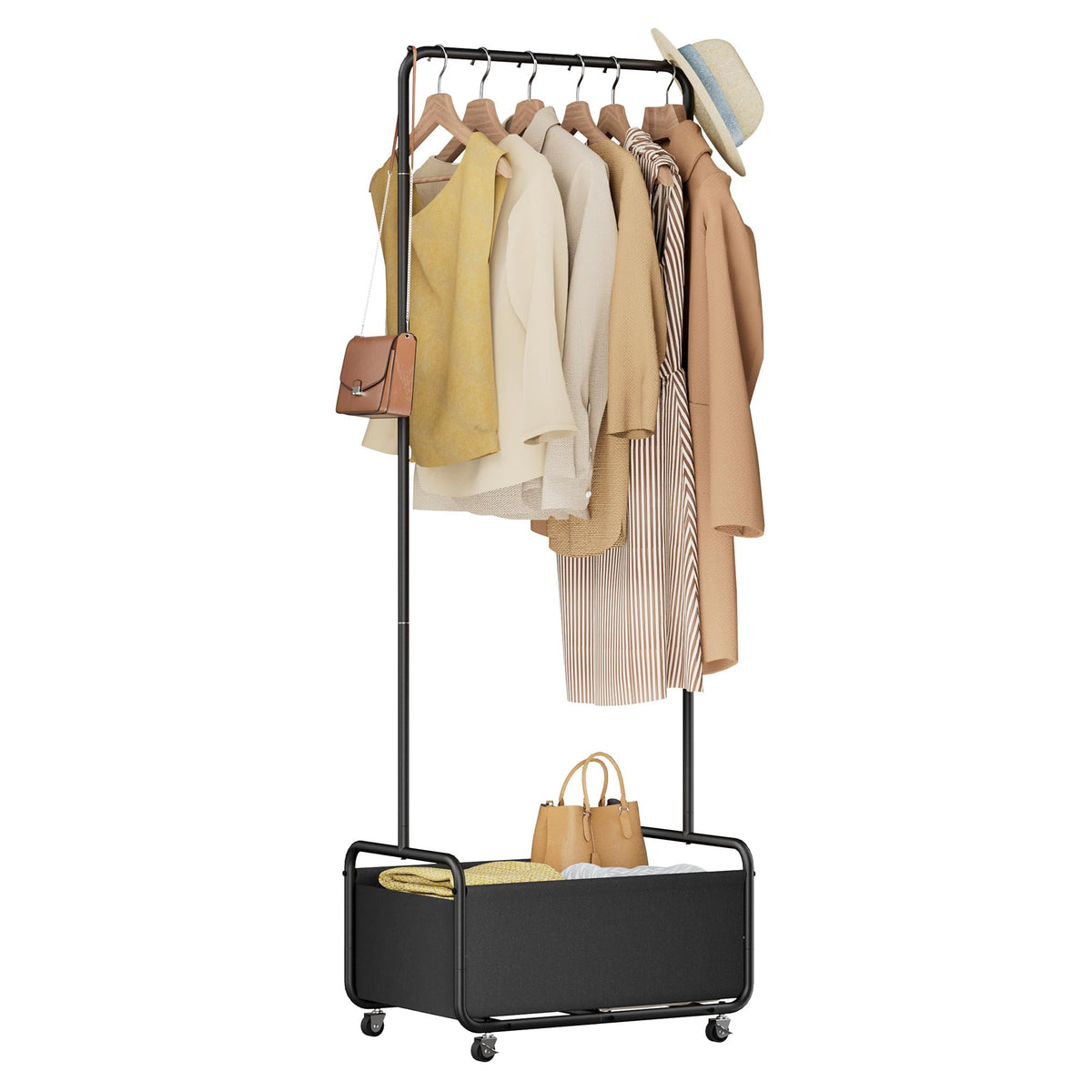 Dunatou Small Clothes Rack With Wheels, Heavy Duty Small Clothing Rack, 2-In-1 Metal Garment Rack With Basket, Clothes Racks For
