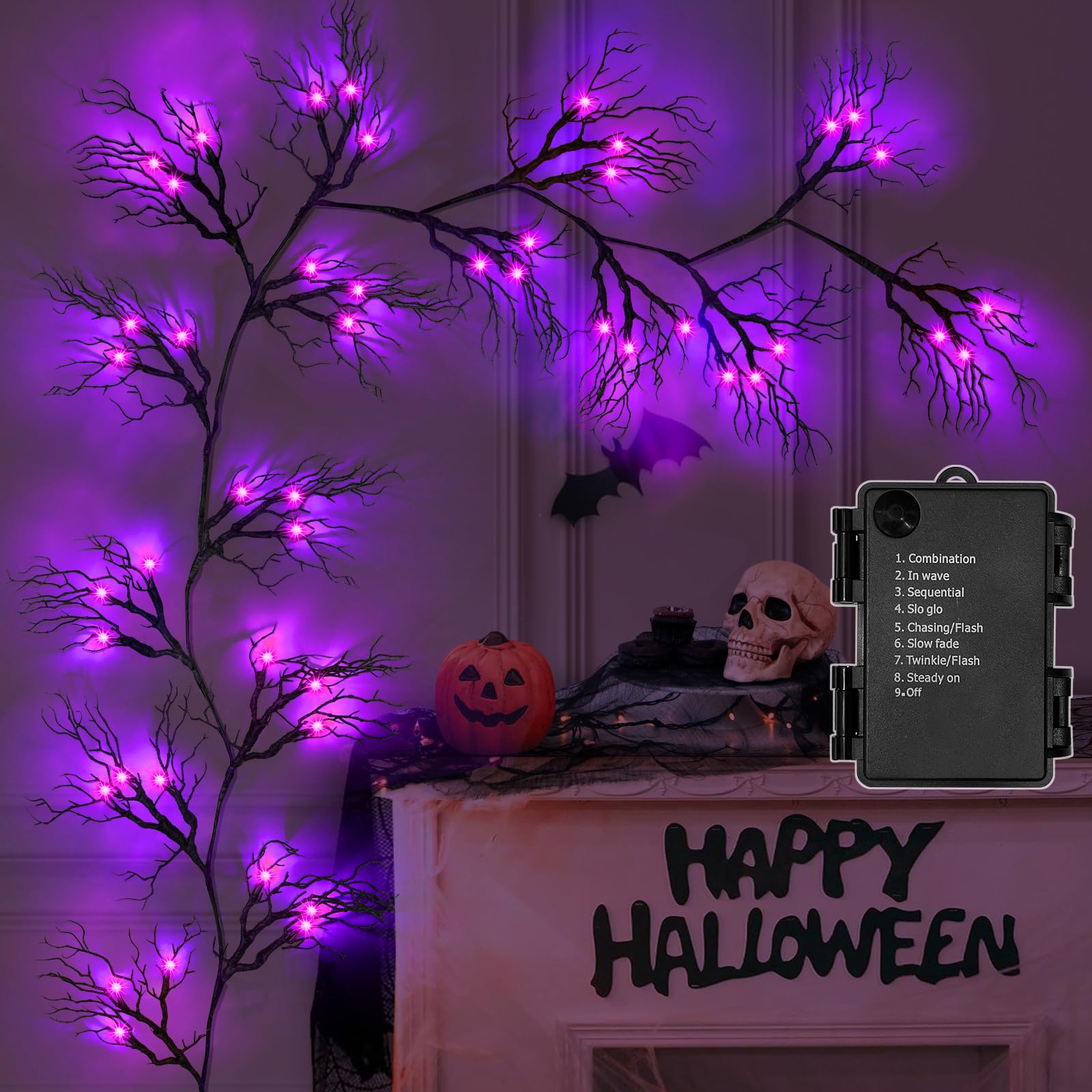 [ 8 Modes & Timer ] 9 Ft 66 LED Halloween Willow Vine Twig Decor Garland Decorations with Purple Lights, Halloween Garland with 