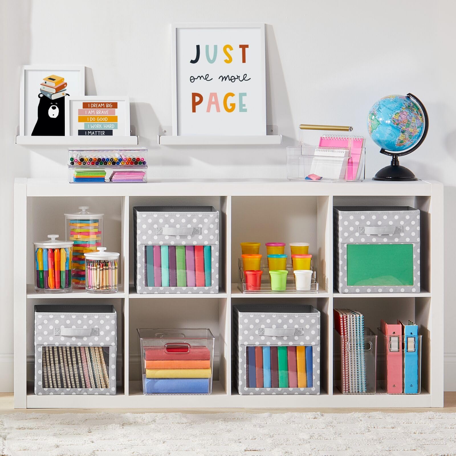 mDesign Fabric Nursery/Playroom Closet Storage Organizer Bin Box  Front Handle/Window for Cube Furniture Shelving Unit  Hold Toys  Clothes  Diapers  Bibs  4 Pack  Gray/White Polka Dot