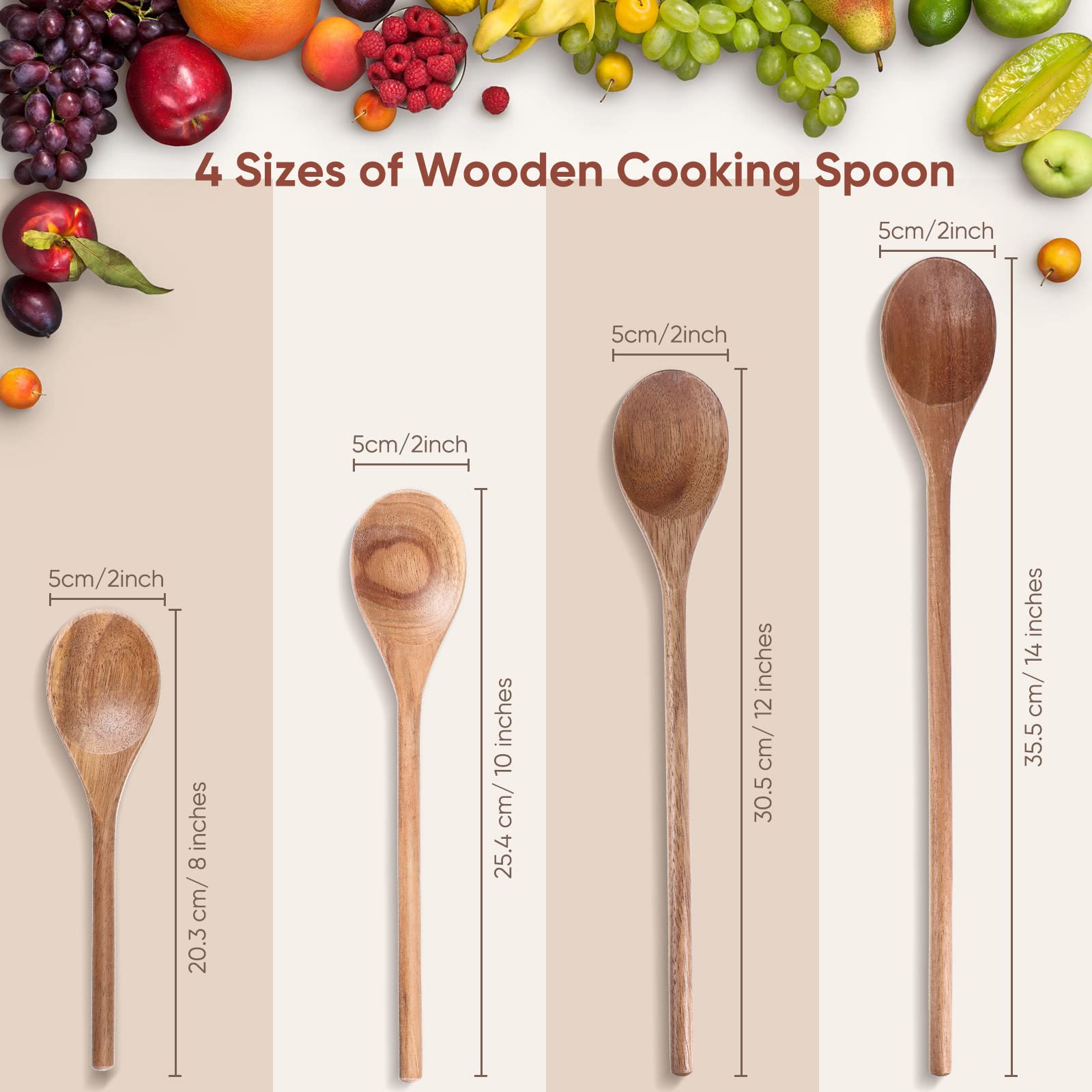 4 Pieces Acacia Wooden Spoon 8, 10, 12, 14 Inch Mixing Wooden Utensils Cooking Spoon For Kitchen Mixing Salad Tasting Baking Sti