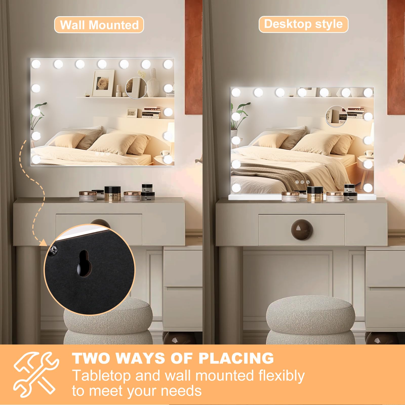 Moonee Hollywood Vanity Mirror With Lights,Makeup Mirror With 15 Dimmable Bulbs And 10X Magnification,3 Colors Modes,Aluminum Me