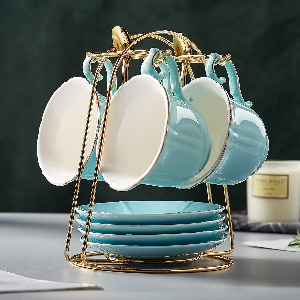Dujust Tea Cups And Saucers Set Of 4 (8 Oz), Nile Blue Tea Cup Set With Golden Trim, Petal Edge Coffee Cups With Metal Stand, Si