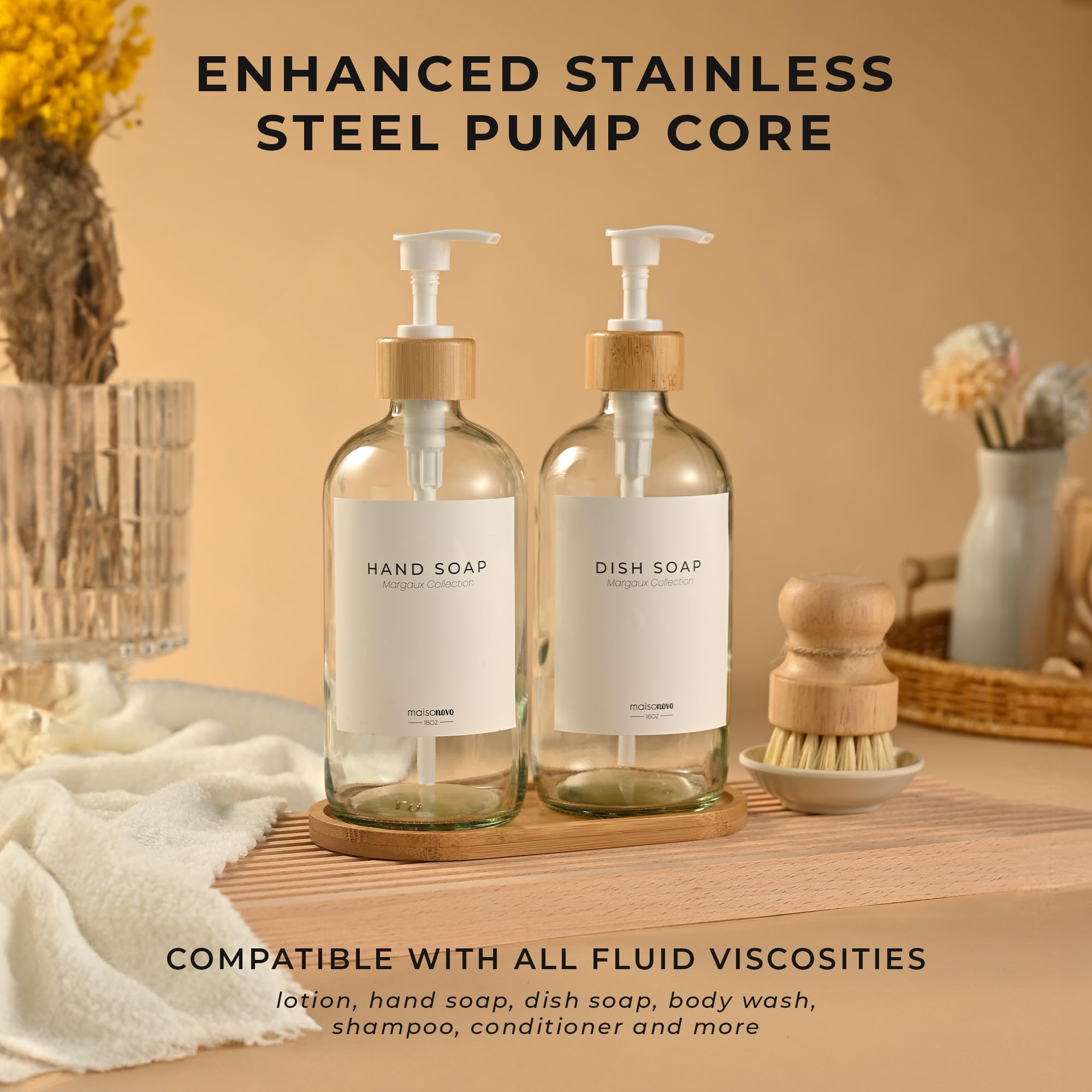 Maisonovo Kitchen Soap Dispenser Set - Glass Soap Dispenser With Pump - Clear Bamboo White Pump 16.9 Fl Oz - Bathroom Soap Dispe