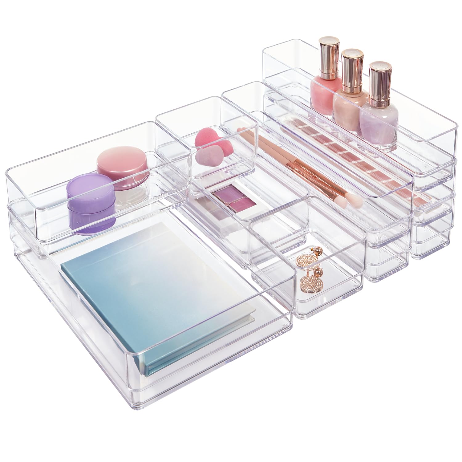 STORi SimpleSort 10-Piece Stackable Clear Drawer Organizer Set | Multi-size Trays | Makeup Vanity Storage Bins and Office Desk D