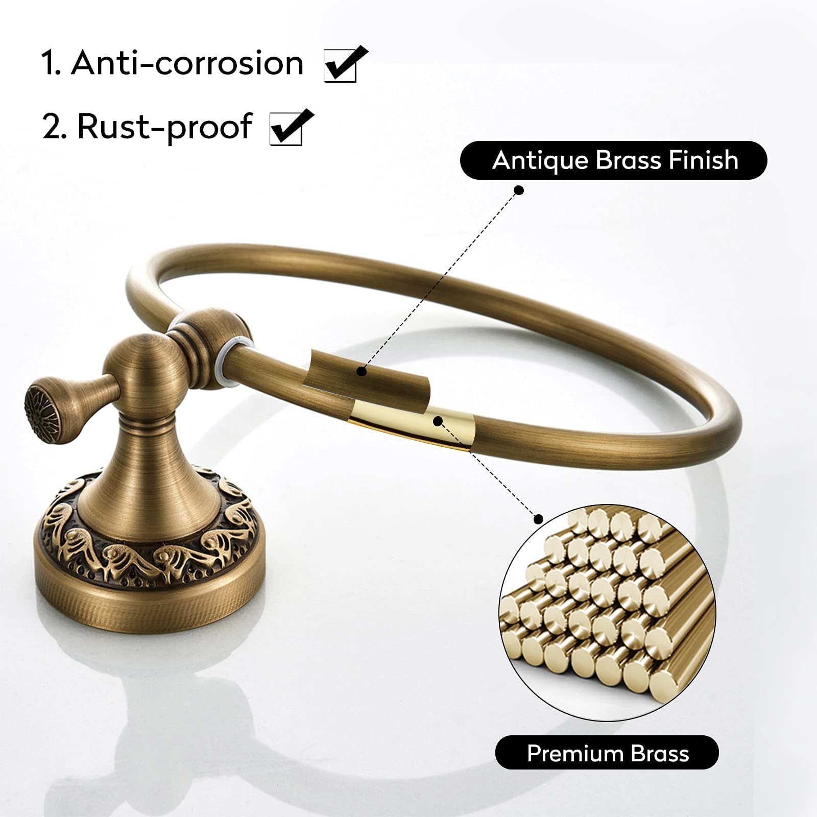 Leyden Brass Towel Ring  Antique Retro Round Towel Holder  Wall Mounted Bath Hand Towel Rack Rail Bathroom Hardware Classical Ancient Wave Pattern Base