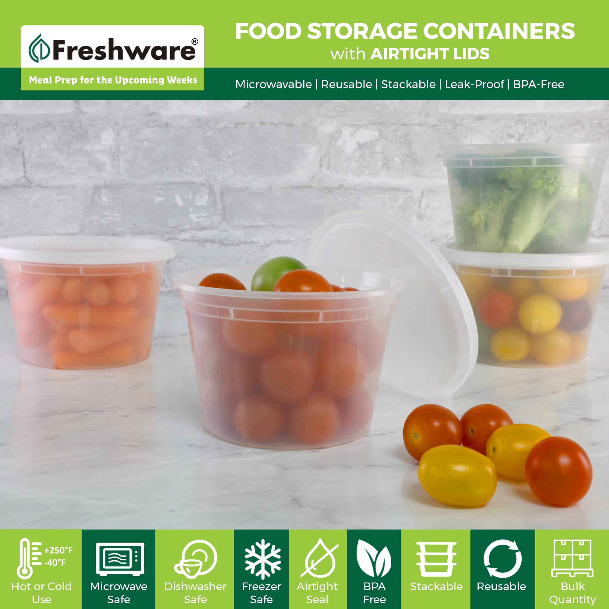 Freshware [240 Pack] 16 Oz Food Storage Containers With Lids, Plastic Containers, Freezer Safe | Meal Prep | Stackable | Leakpro
