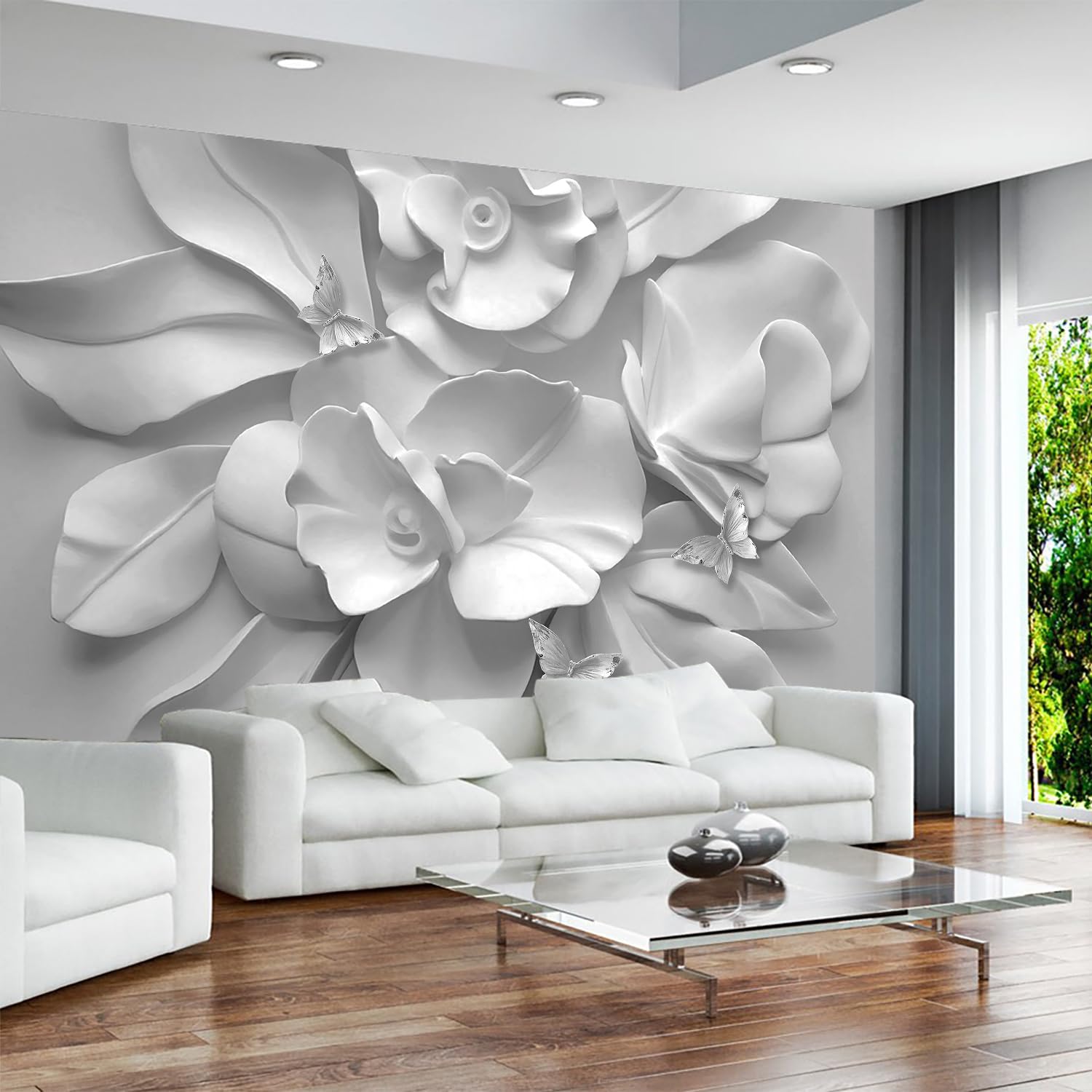 Wfbhua-3D Gray Floral Wallpaper Mural Black And White Embossed Peony Flowers Butterfly Wallpaper For Living Room Bedroom(Not Pee