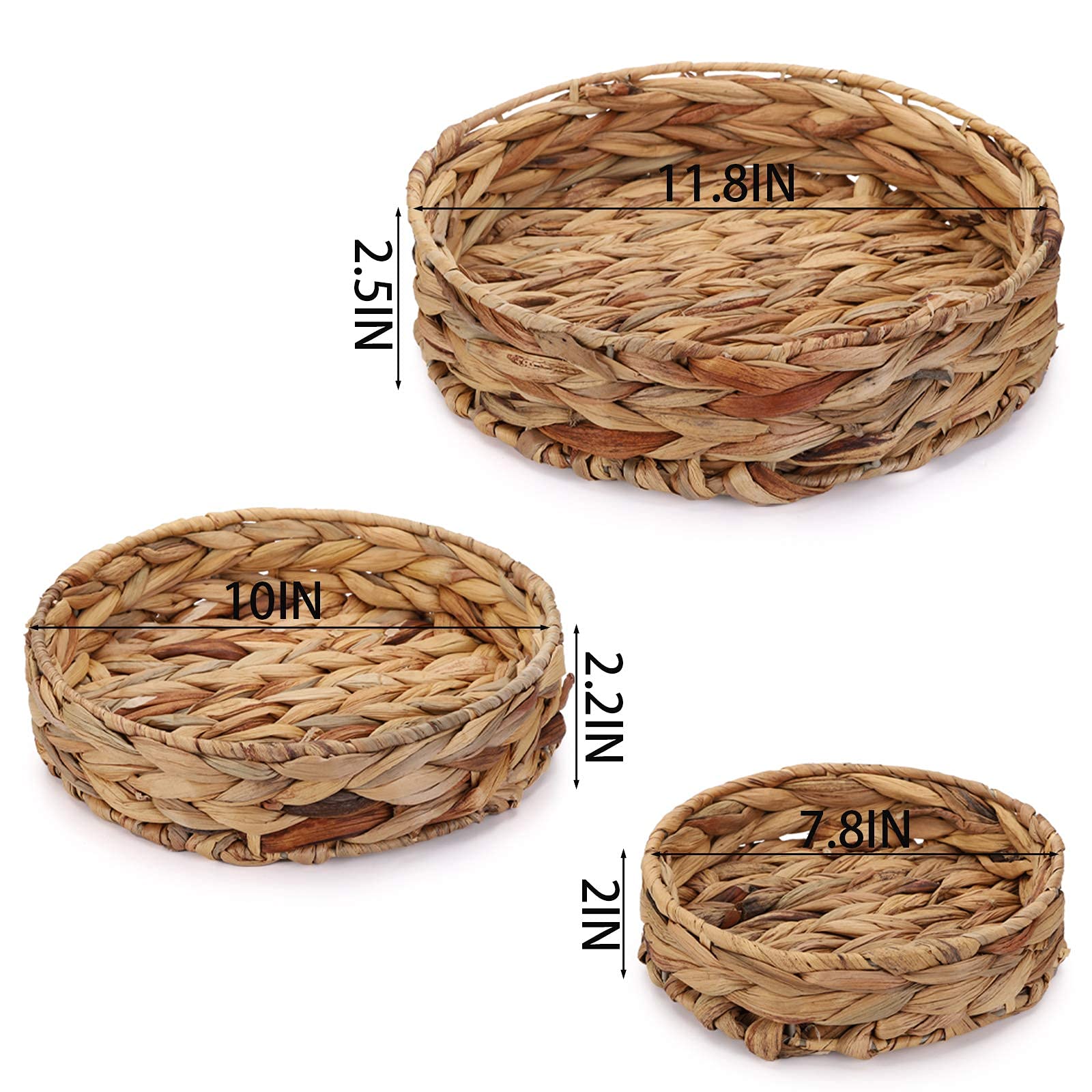 Cedilis Set Of 3 Grass Round Fruit Tray, Hand Woven Decorative Storage Basket Tray For Decor Home Kitchen, 11.8'', 10'', 7.8''