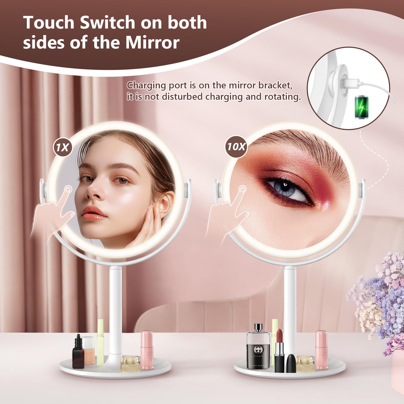 Loksengtech Lighted Makeup Mirror,1X/10X Magnifying Mirror With 3 Colors Lights,Rechargeable Double-Sided Face Mirror,Brightness