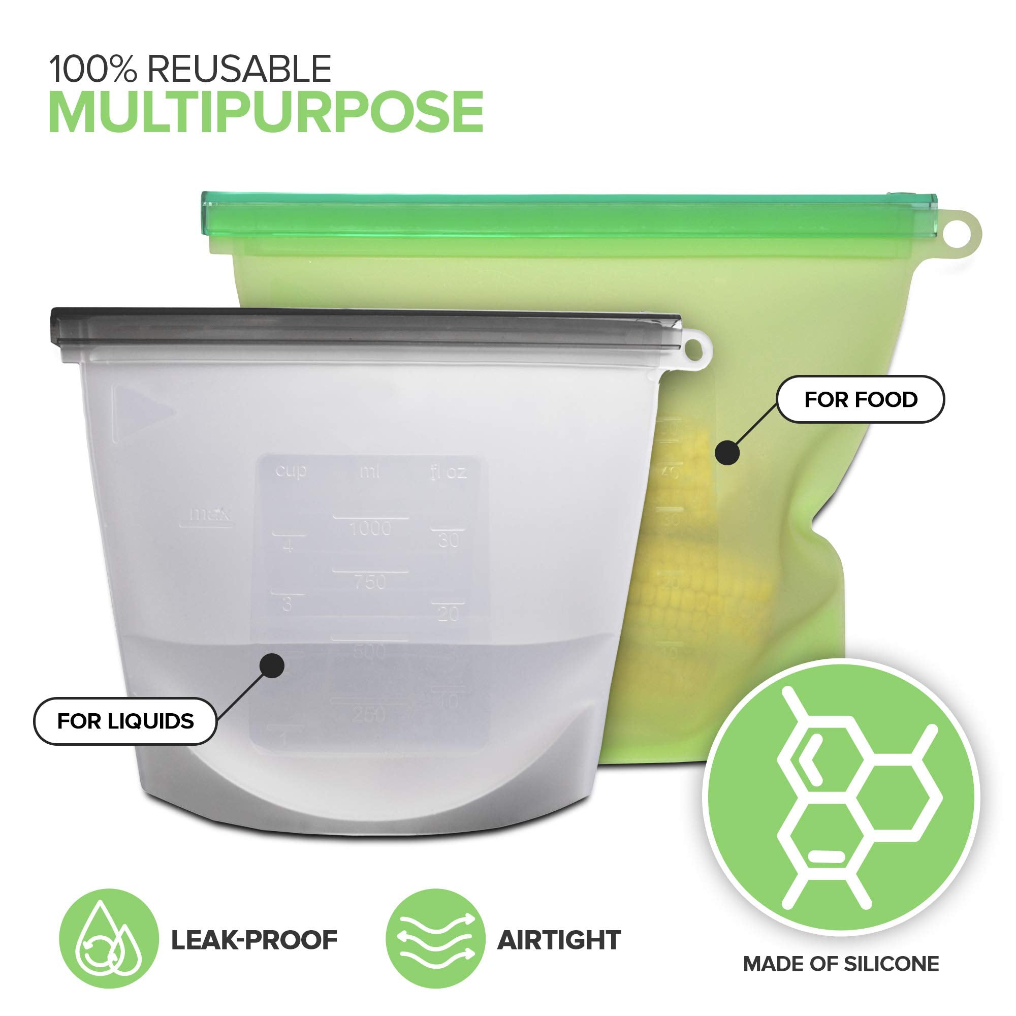 Reusable Ziploc Bags Silicone Food Storage Lunch Sandwich Snack Freezer Set 4 Leak Proof Exultimate