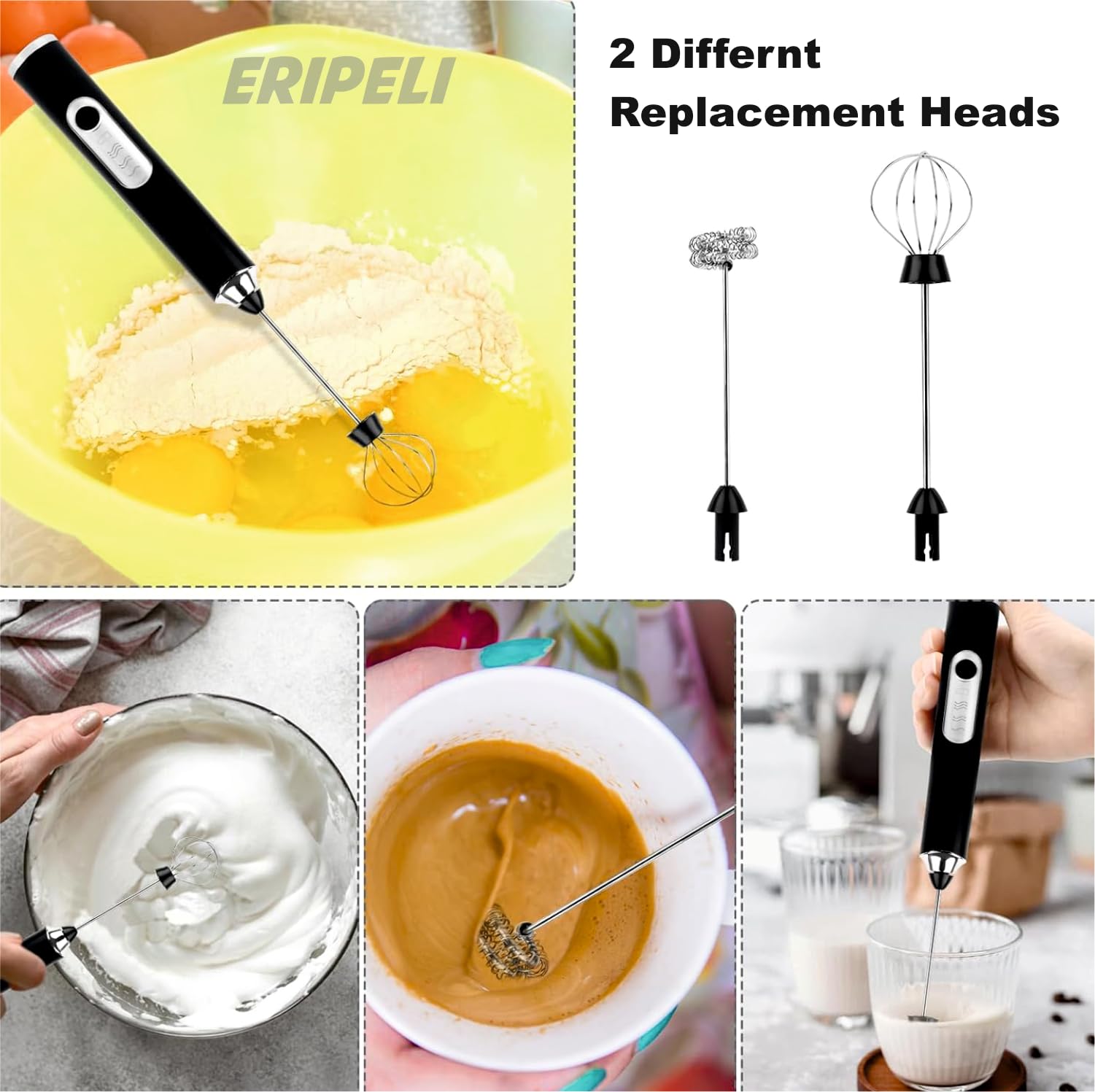Eripeli Hand Blender Coffee Frother Milk Frother Usb Rechargeable Electric Foam Maker For Cappuccino Whisker Egg Beater, Black