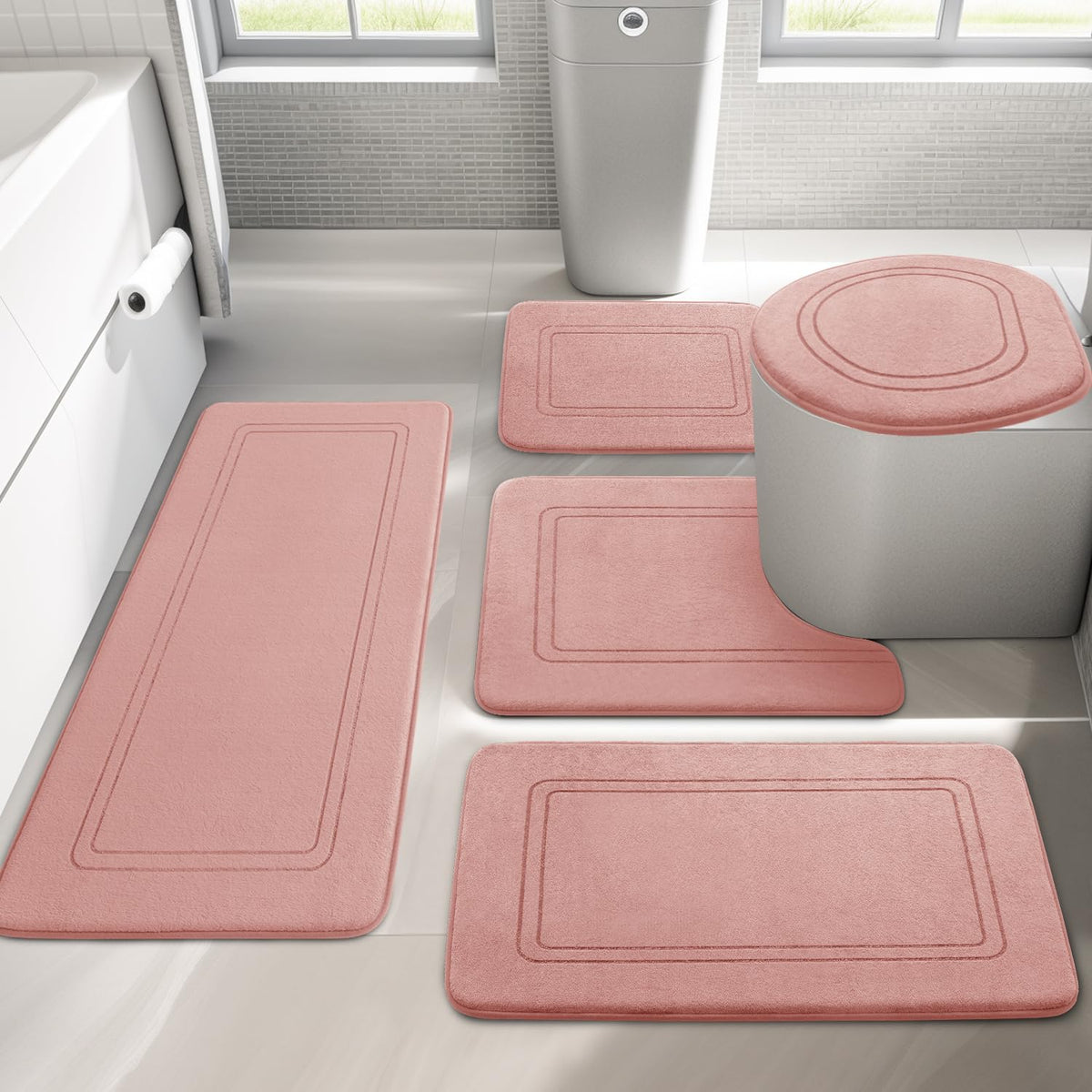 Yihouse Pink Memory Foam Bathroom Rug Set 5 Piece, Absorbent Bathroom Mat Set, Non Slip Bath Mats For Bathroom, Washable & Dry Q