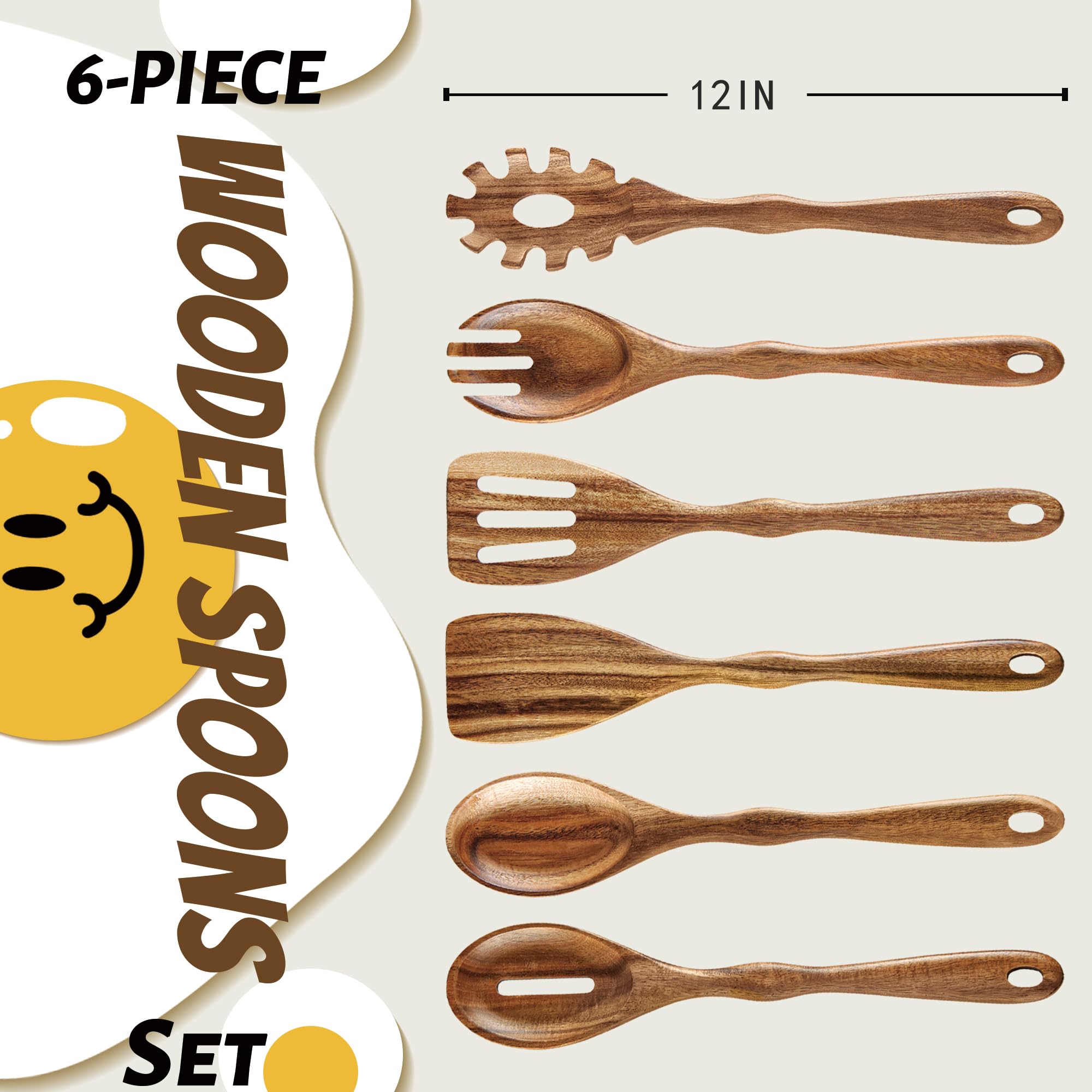 Karryoung Acacia Wood Spoons For Cooking - 6 Piece Non Stick Wooden Spoon Set - With Slotted Spoon, Salad Fork, Spatula, Pasta S