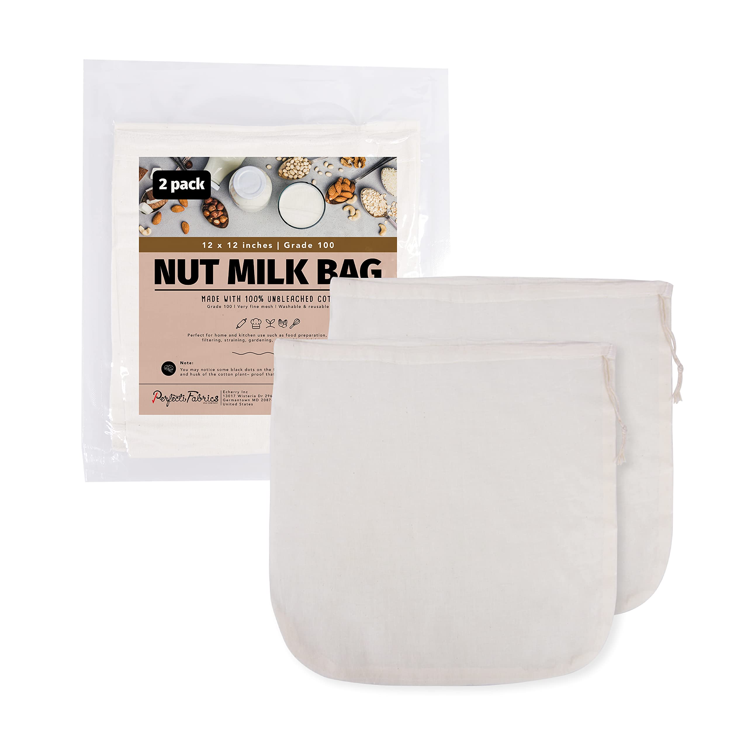 Perfecti Fabrics 2 Pieces Reusable Grade 100 Nut Milk Bags For Straining, Unbleached Cloth Bag For Juicing Almond Oats Nutmilk,