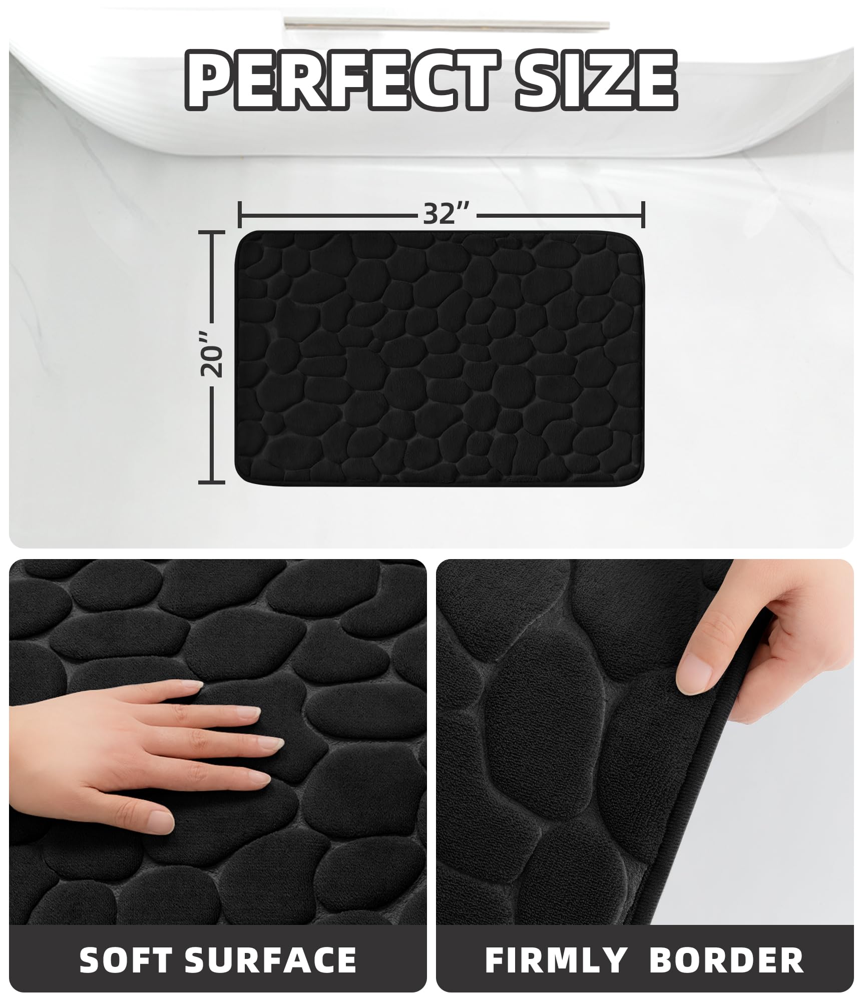 YIHOUSE Memory Foam Bath Mat Cobblestone Bathroom Rugs Super Water Absorbent Bath Mats for Bathroom Machine Washable Bath Rugs(20x32 Black)