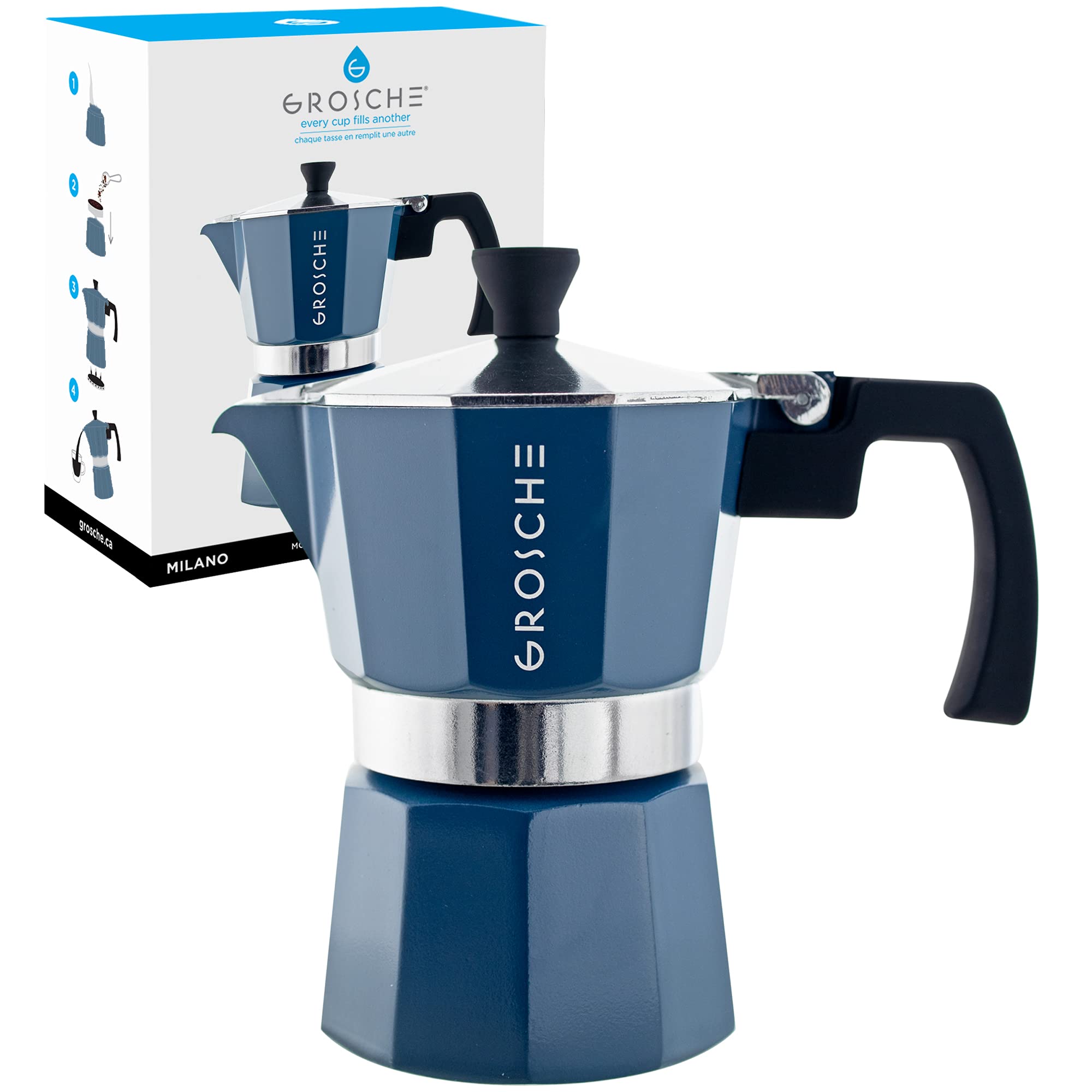 Grosche Milano Stovetop Espresso Maker Moka Pot 3 Espresso Cup - 5 Oz, Blue -Moka Espresso Coffee Maker Stove Top Coffee Maker M