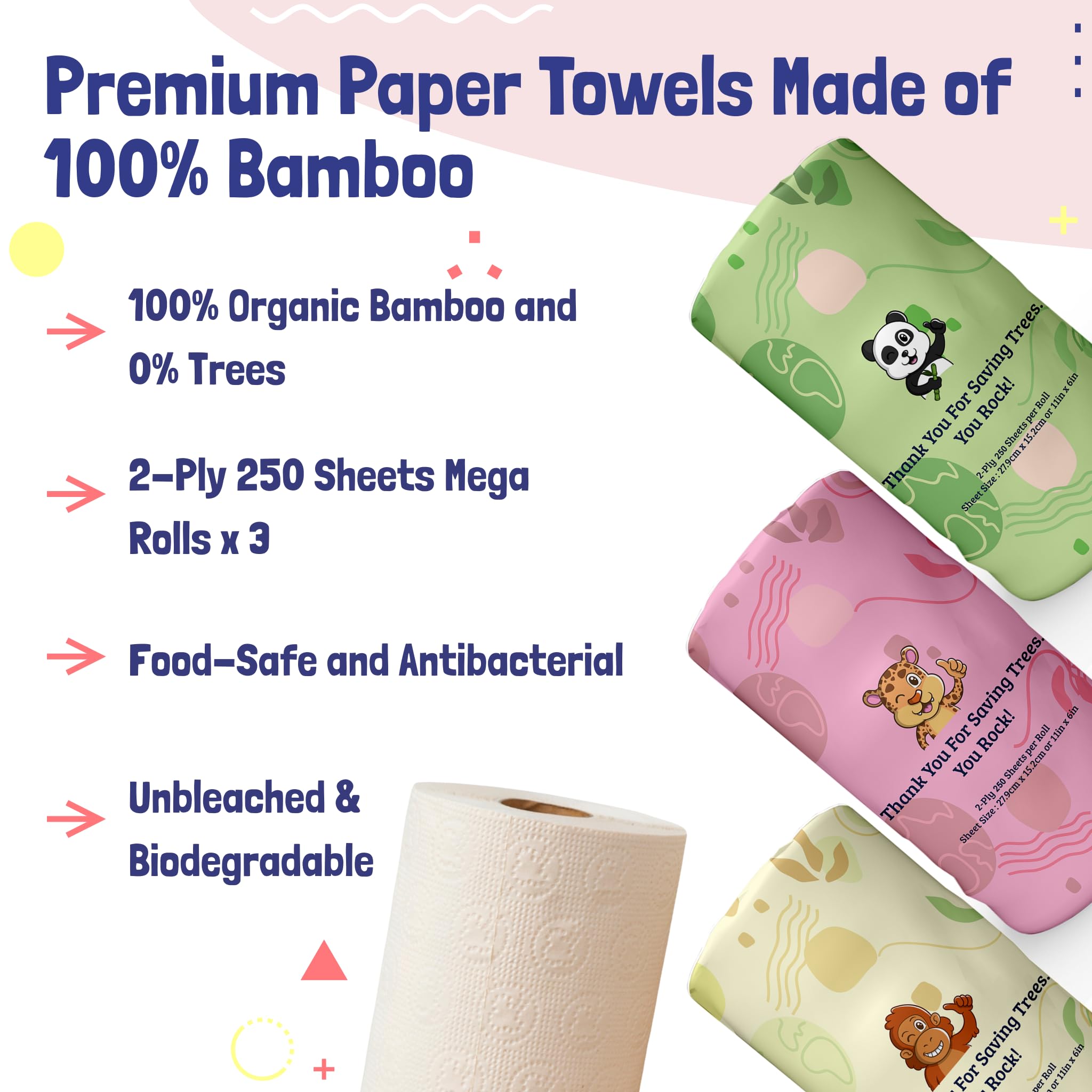 Mother Earth Bamboo Paper Towels | 2-Ply, 3 Rolls, 250 Sheets Per Roll | Gentle For Sensitive Skin & Daily Cleaning Tasks