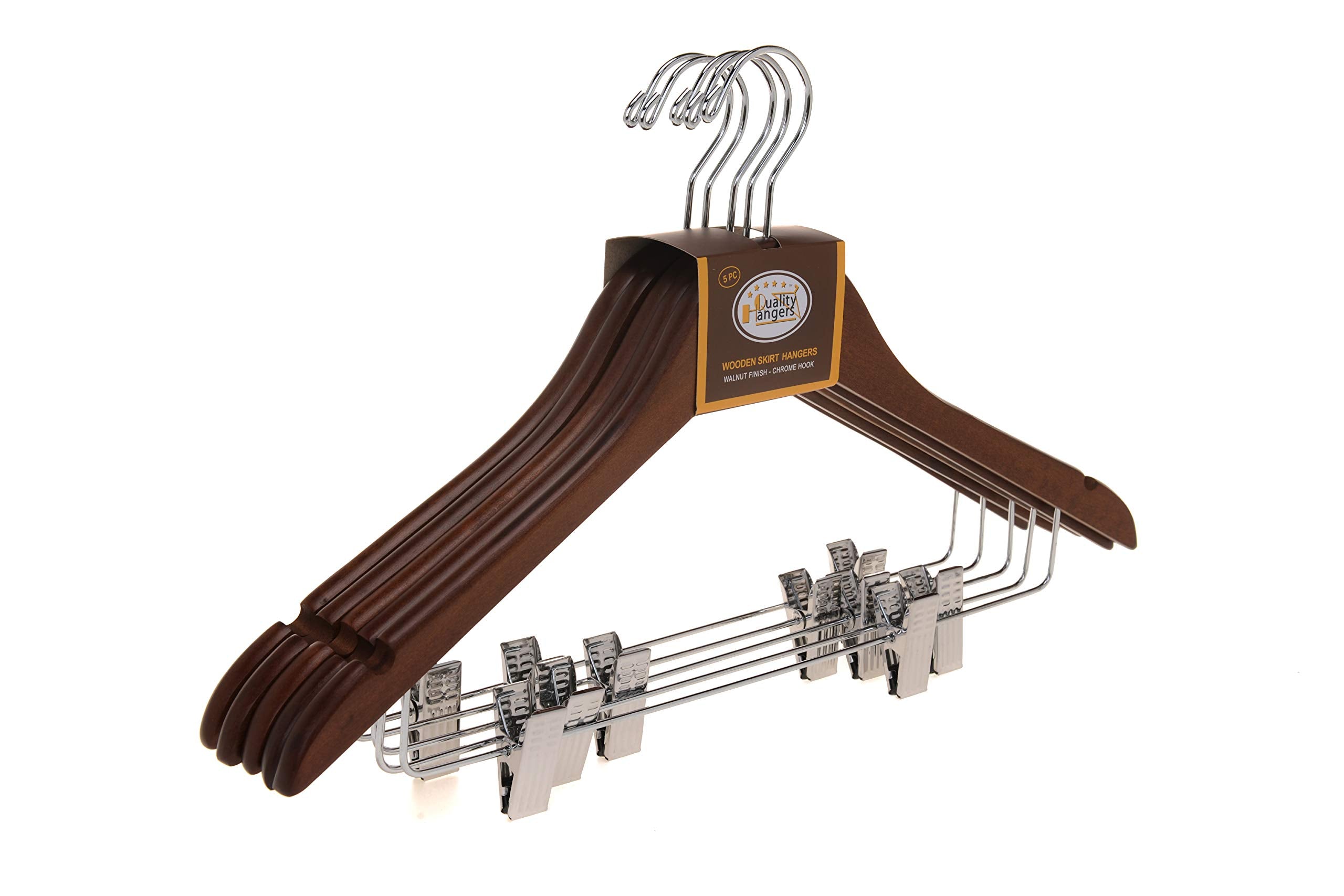 Quality Wooden Skirt Hangers with Clips  10-Pack Smooth Solid Wood Pants Hangers with Durable Adjustable Metal Clips  Swivel Hook  Coat  Jacket  Blouse Suit Hangers (Walnut - Chrome Hook  10)