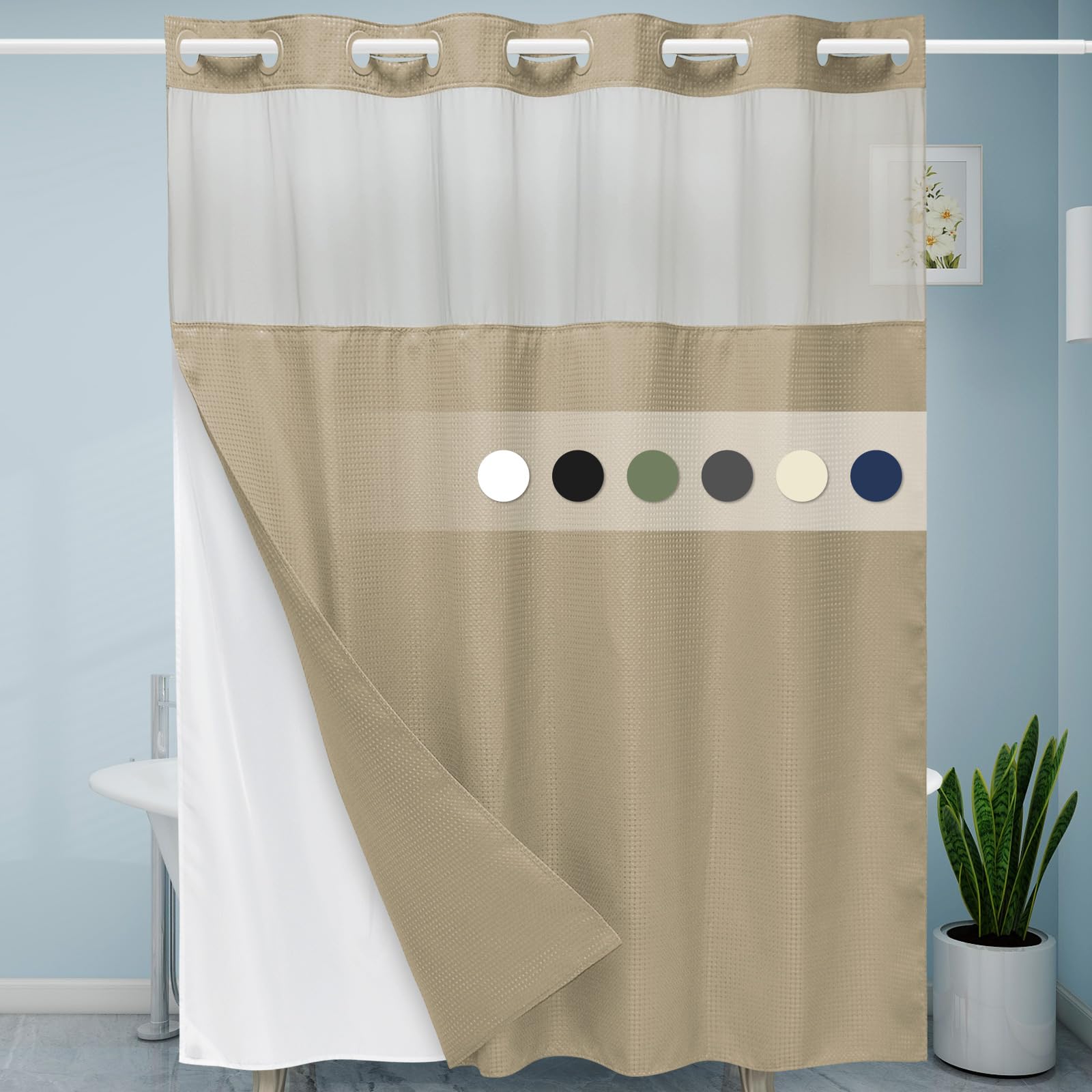 Eutxl Beige No Hook Shower Curtain With Snap In Liner,230Gsm Waffle Weave Shower Curtains For Bathroom,71W X 74H