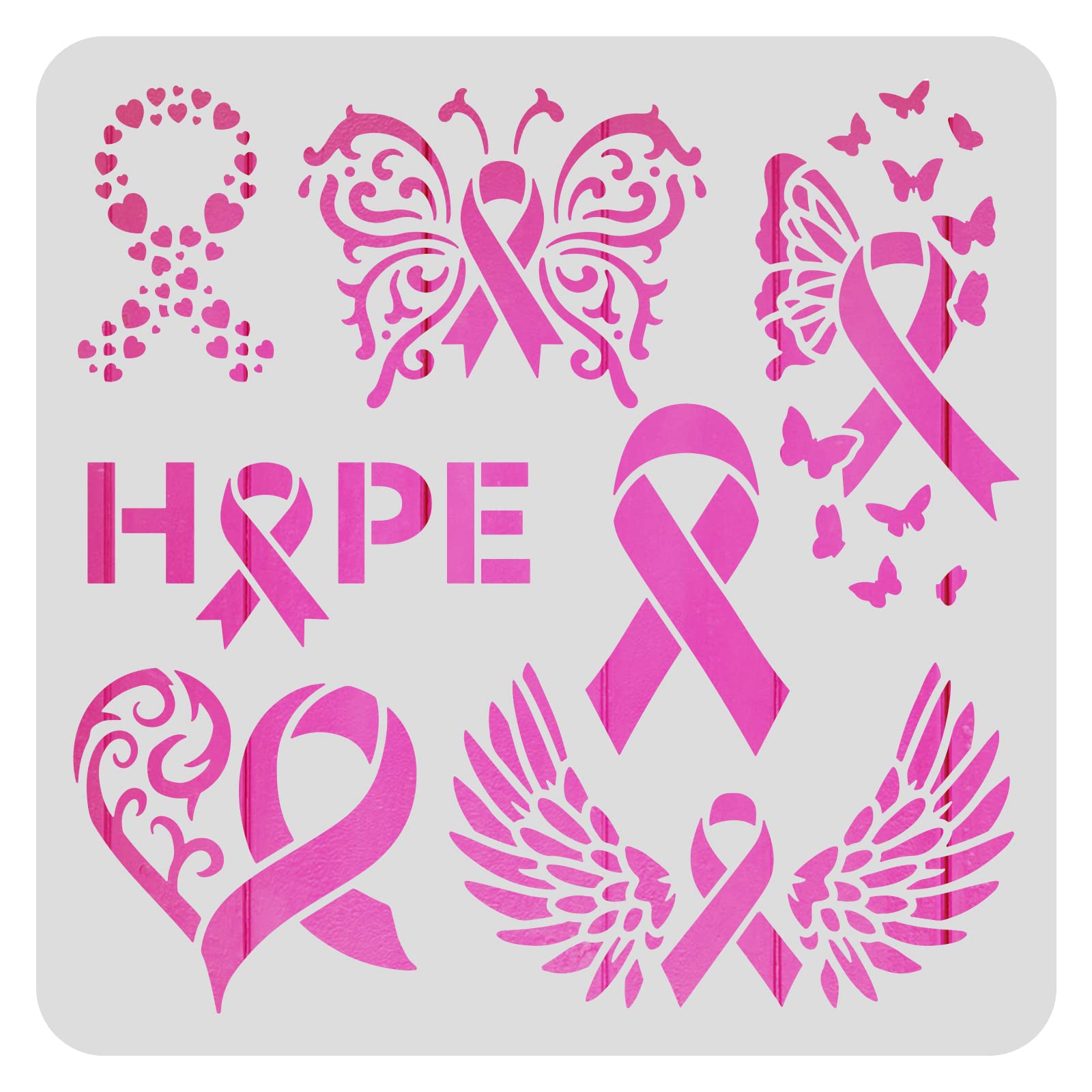 Benecreat Ribbon Pattern Plastic Painting Stencils Templates, 12X12 Inch Ribbons Wings Butterflies Heart Breast Cancer Preventio