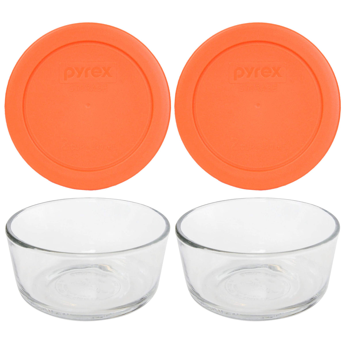 Pyrex (2 7200 2 Cup Glass Dishes & (2) 7200-Pc 2 Cup Orange Lids Made In The Usa