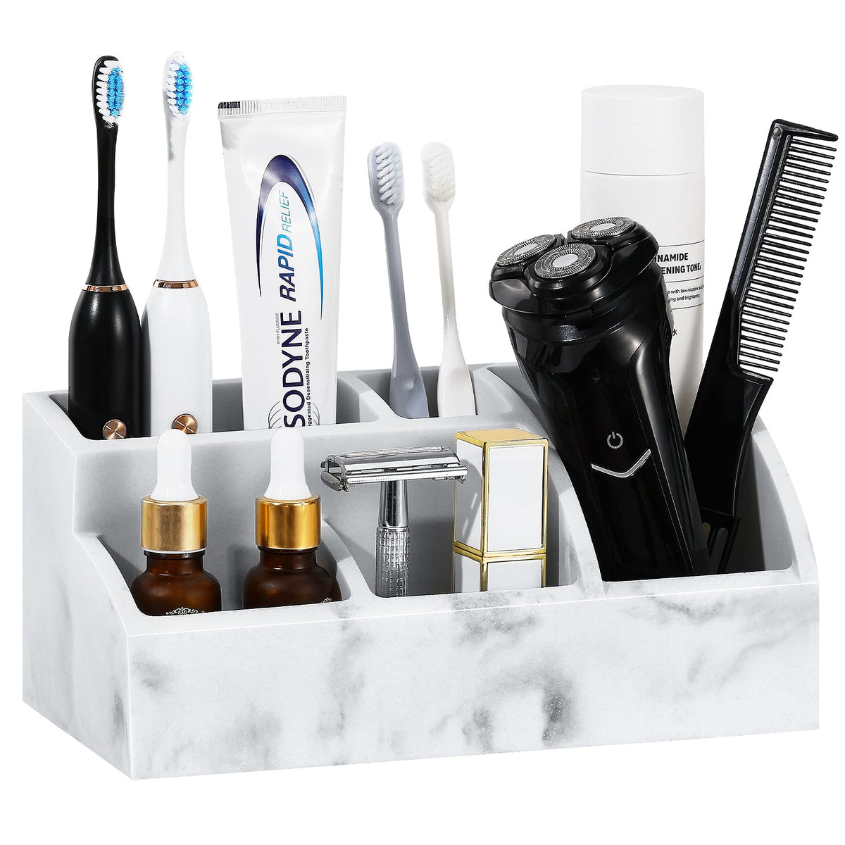 Luxspire Toothbrush Holder For Bathroom, Bathroom Organizer Countertop 5 Slot, Large Marble Bathroom Accessories Vanity Organize