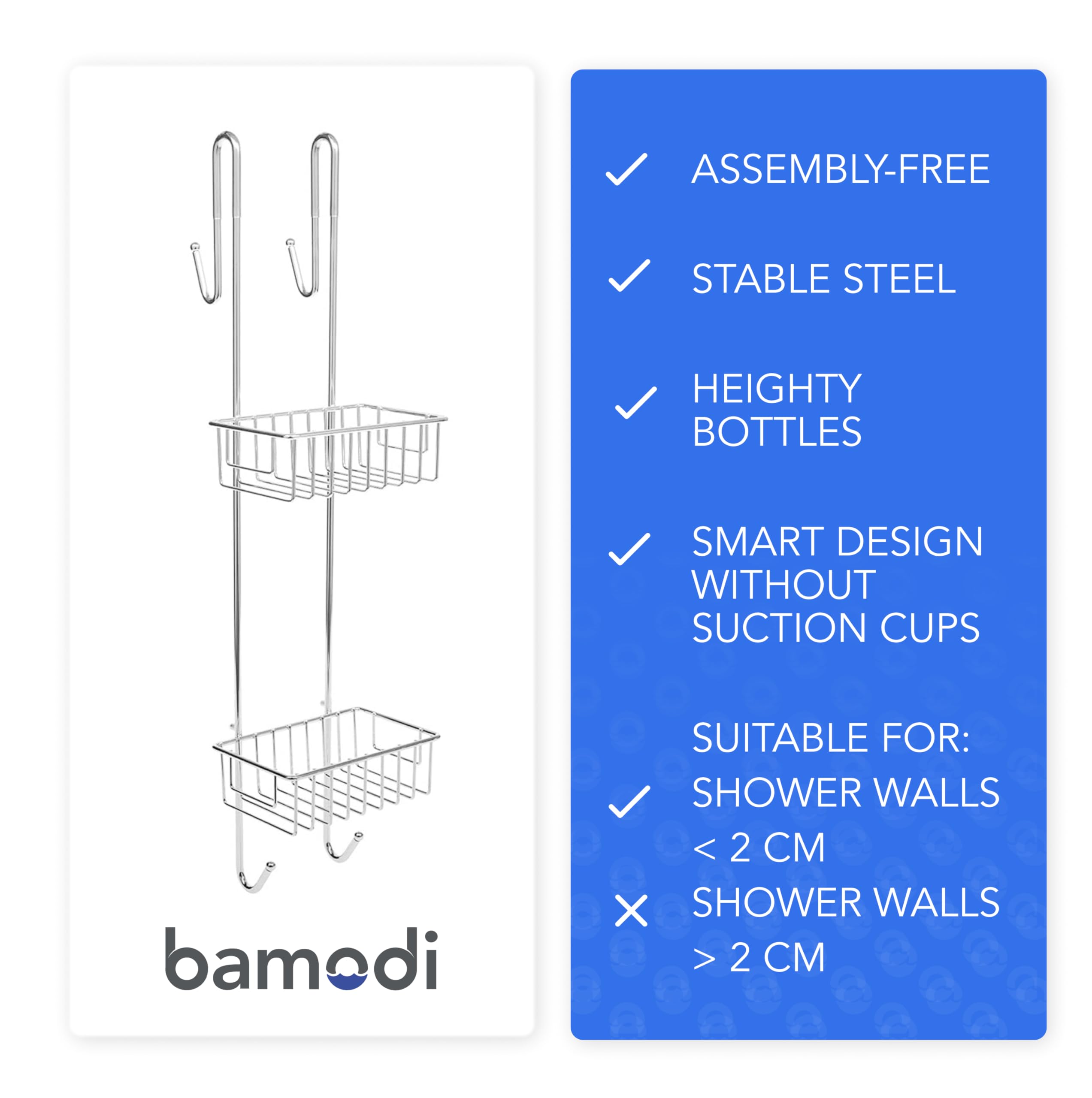 Bamodi Shower caddy Hanging - 2 Tier Over Door chrome Plated - No Drilling Required - Fits Shower Screens up to 078 inches - Hangable Shower Rack with 2 Towel Hooks (275 x 75 x 73 INcHES)