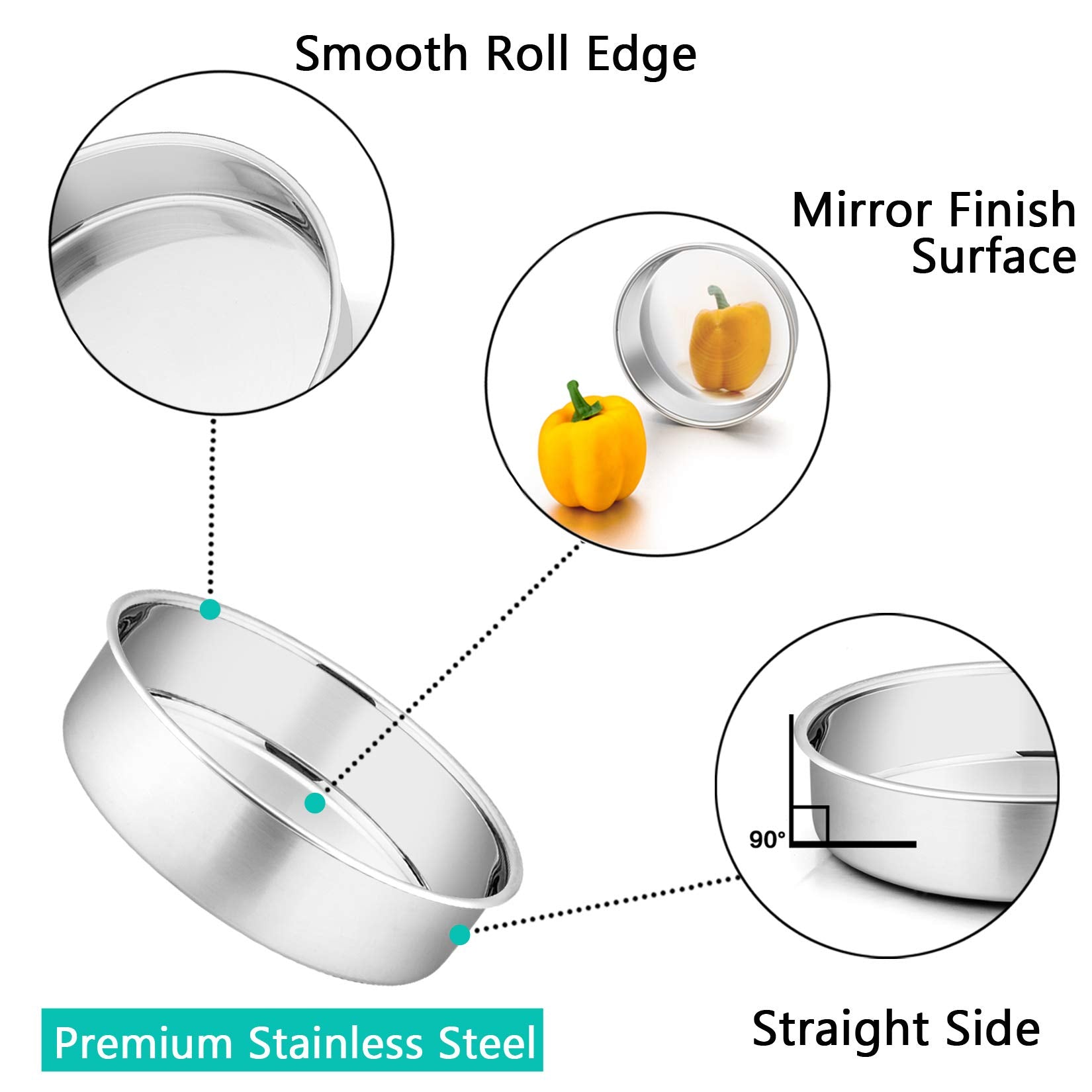 P&P Chef 4-Piece Cake Pans (6    X 2 + 8    X 2), Stainless Steel Round Cake Pan Tin Set For Layered Standard Cake, Non-Toxic &