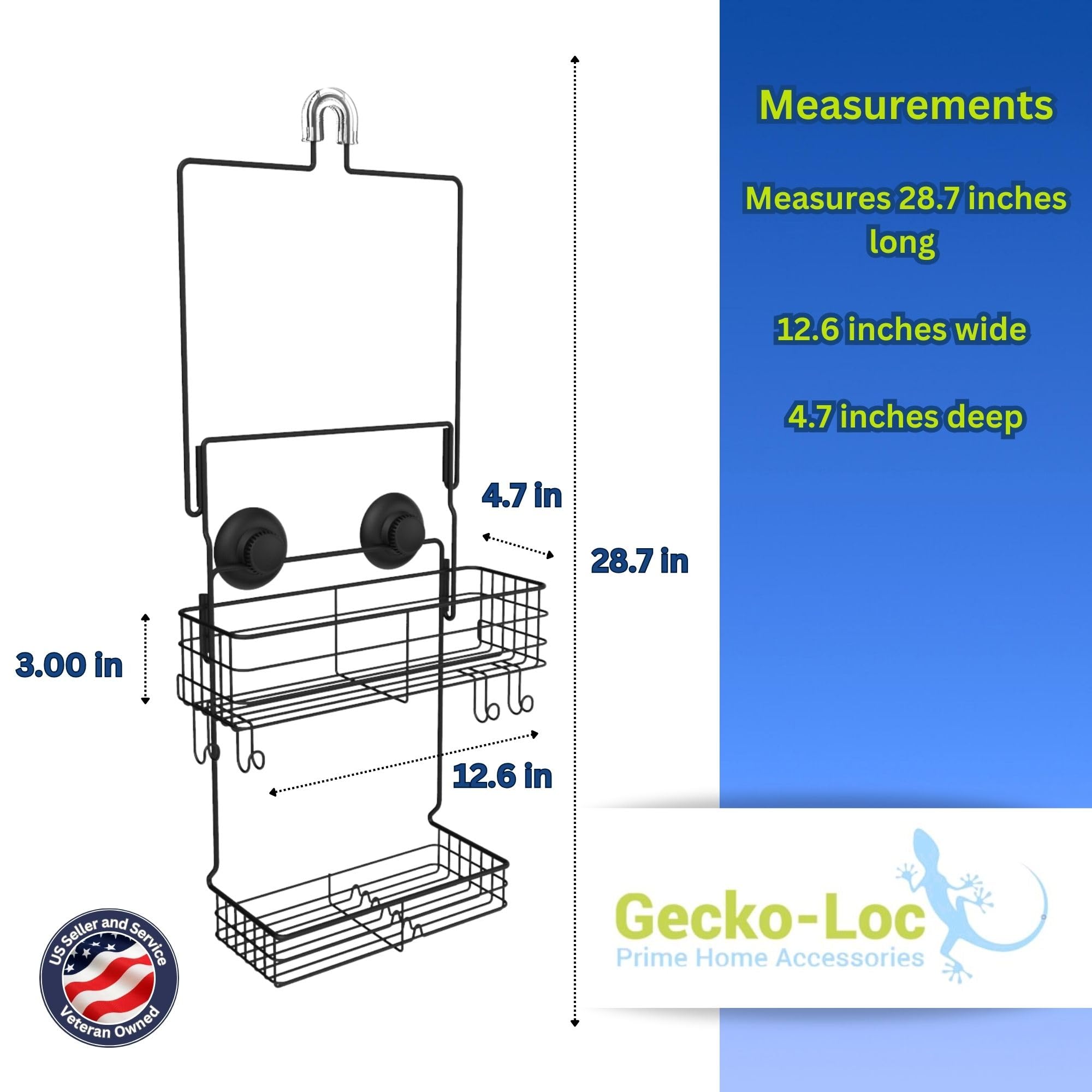 Gecko-Loc Extra Long Wide Adjustable Length Over The Showerhead Hanging Shower Caddy Organizer - For Shampoo, Soap, & Razors - B