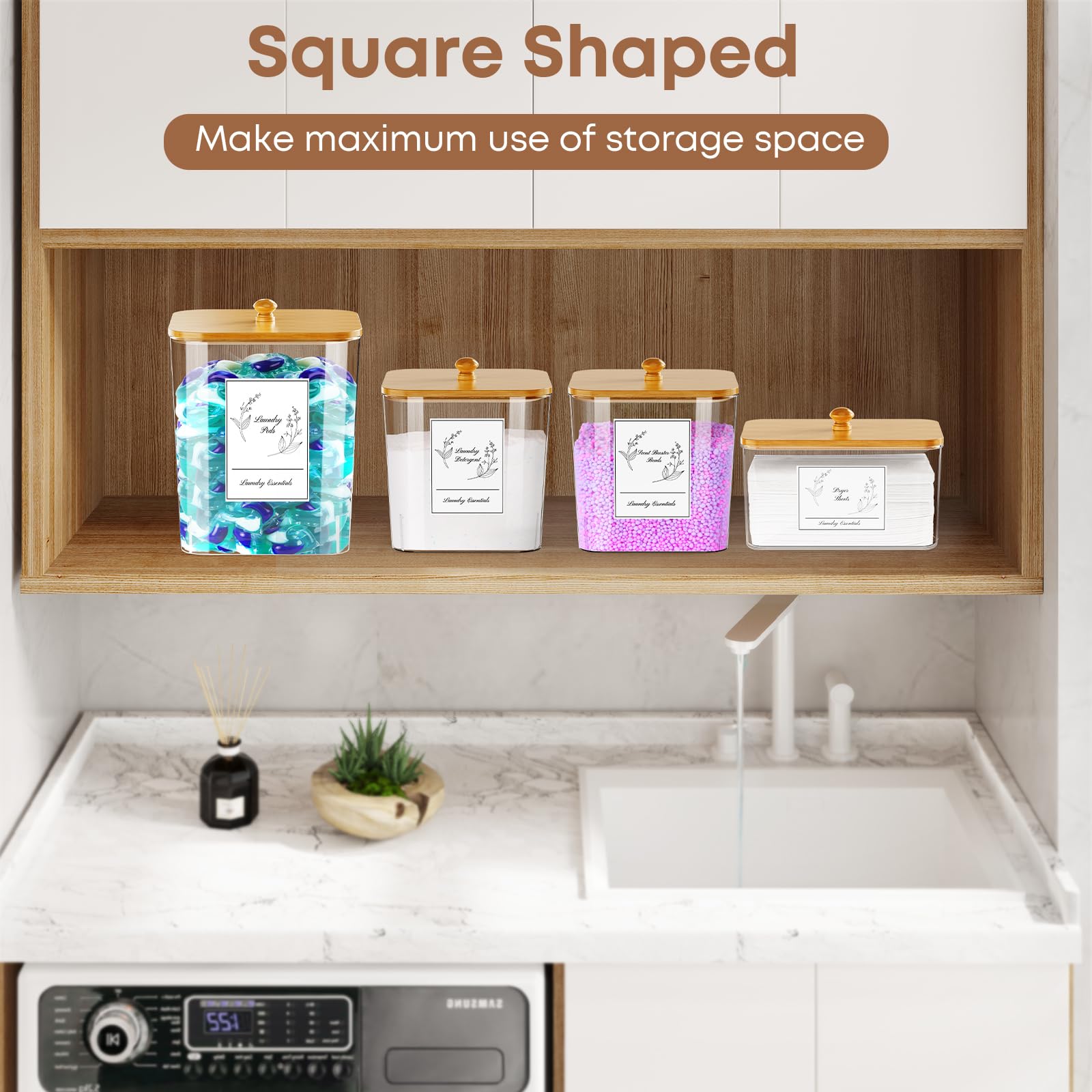 Coazex 4 Pack Clear Laundry Pods Container & Dryer Sheet Holder, Plastic Square Laundry Room Organization And Storage Jars With