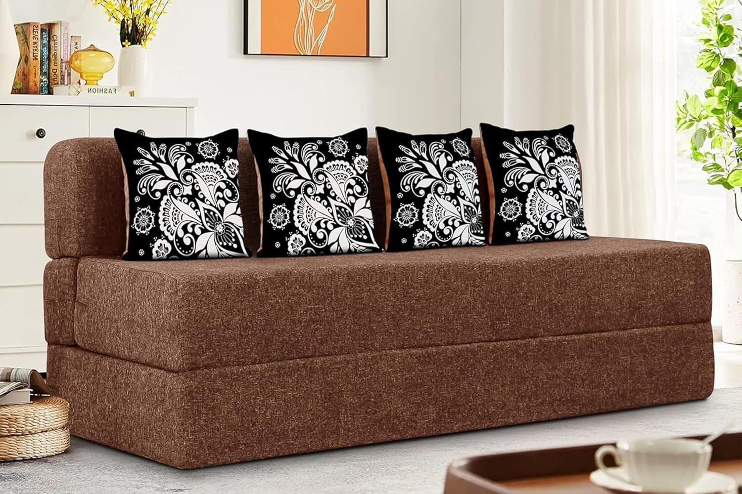 Rosebell 3 Seater Sofa Cum Bed | Jute Fabric Washable Cover | With Four Cushions Perfect For Home & Office, Guest Room | Brown |