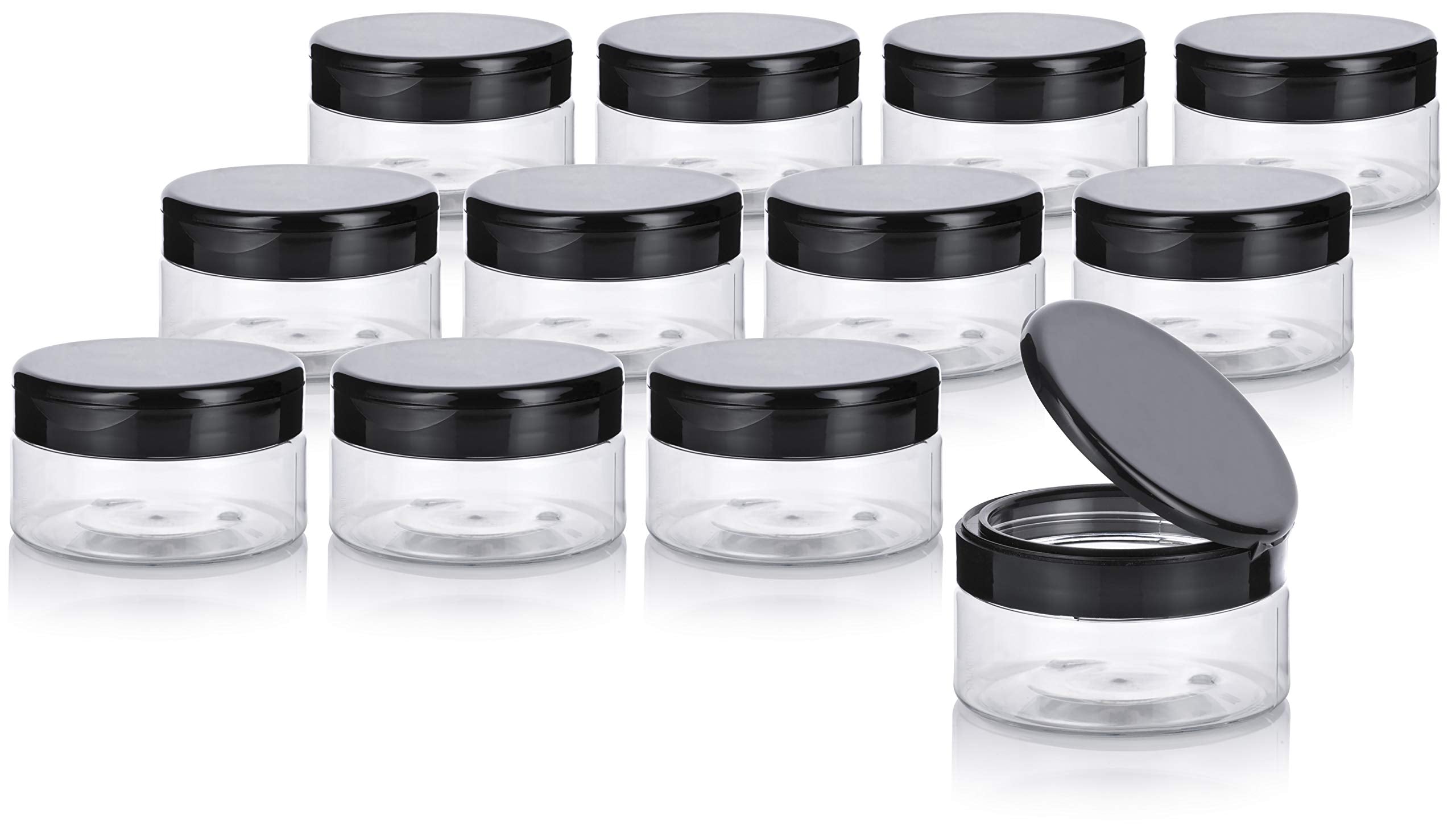 8 Oz Clear Pet Plastic Refillable Low Profile Jar With Flip Top Cap Lid (12 Pack)