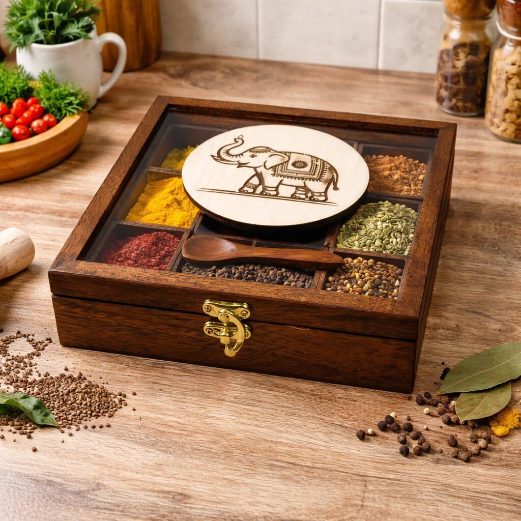 Angira Handicrafts Spice Box With 1 Spoon  Wood Masala Dabba Organizer For Kitchen  9 Containers  Decorative Handmade, Brown 
