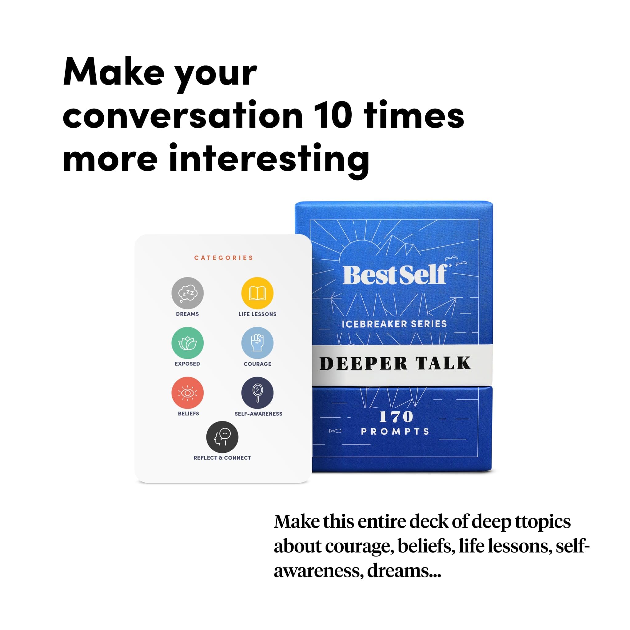 BestSelf Icebreaker Deeper Talk Deck - Conversation Starter Card Pack to Deepen Friendships with 150 Prompts