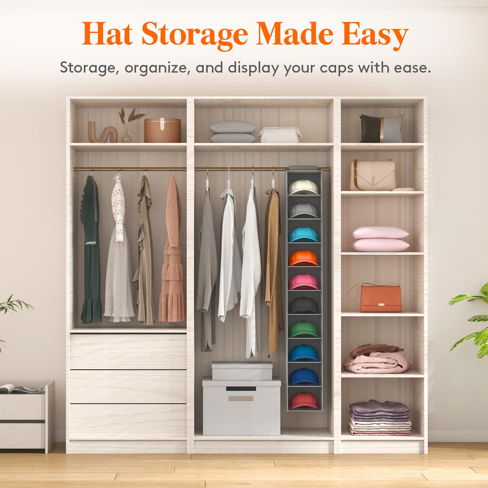 Lifewit 10 Compartments Hat Organizer For Baseball Caps, 1 Pack Hat Rack Hanging Storage Organizer, Non-Woven Fabric Display She