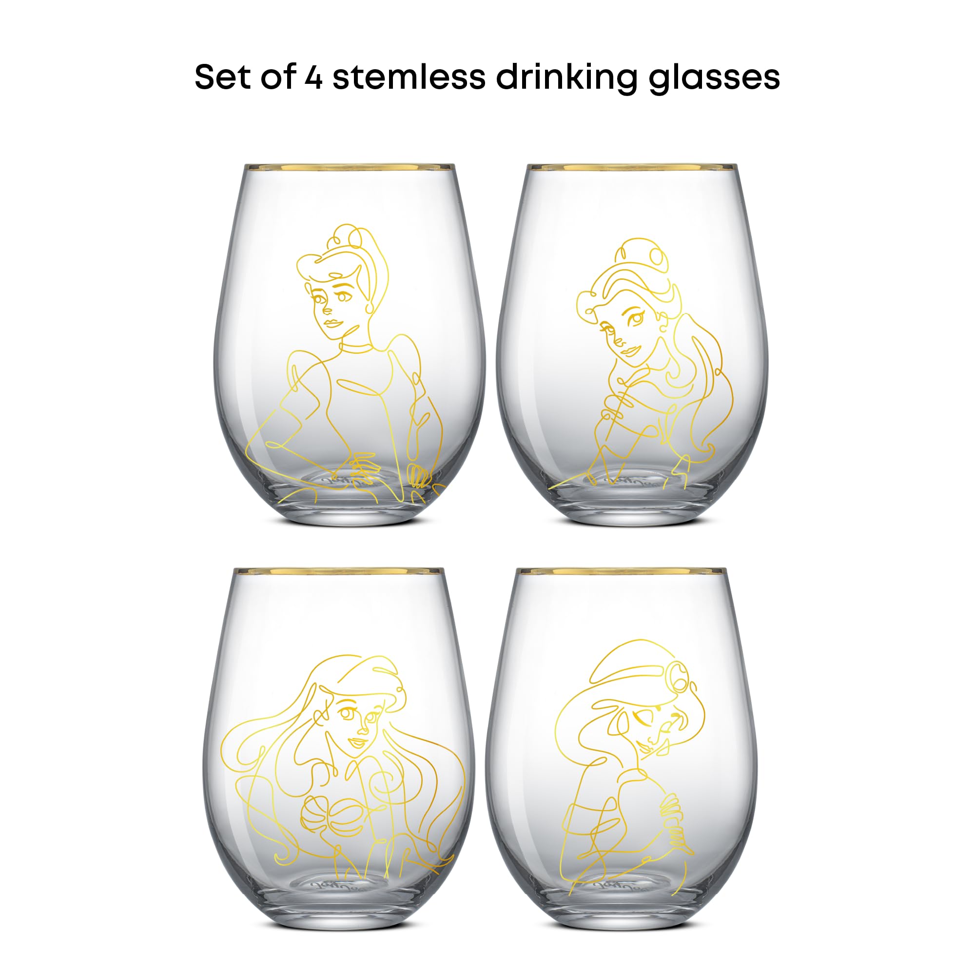 Joyjolt Disney Princess Sketch Stemless Drinking Glasses, 19Oz Glass Cups Ft Princess Jasmine Ariel Belle Cinderella, Disney Pri