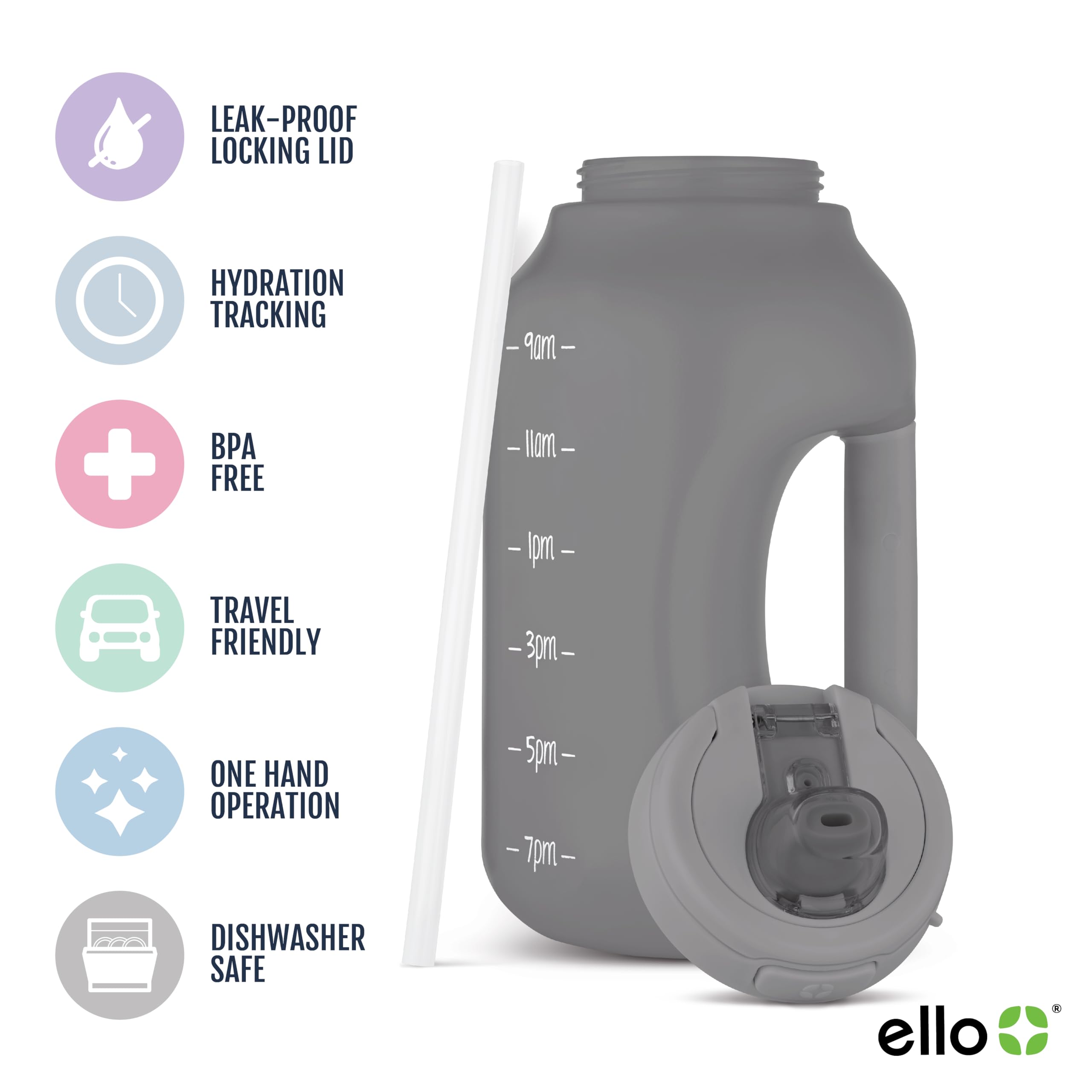 Ello Hydra Half Gallon Jug With Time Marker & Handle For All Day Hydration & Silicone Straw With Locking, Leak Proof Lid Bpa Fre