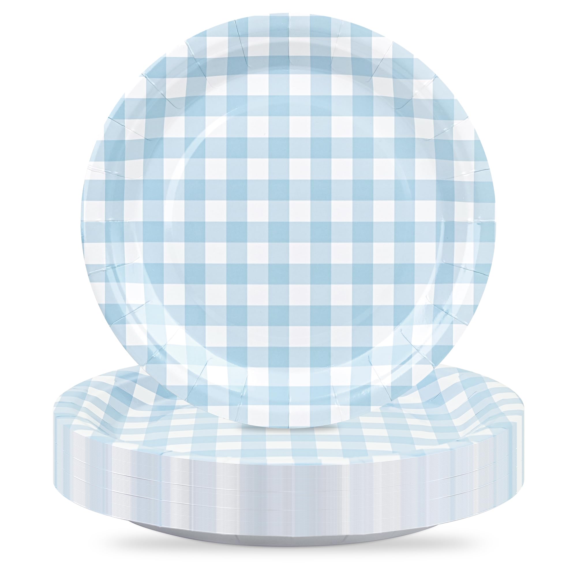 Houuqe 48Pcs Gingham Party Supplies Blue Paper Plates 9 inches Disposable Plaid Decorative Dinner Dessert Serving Plates for Bab