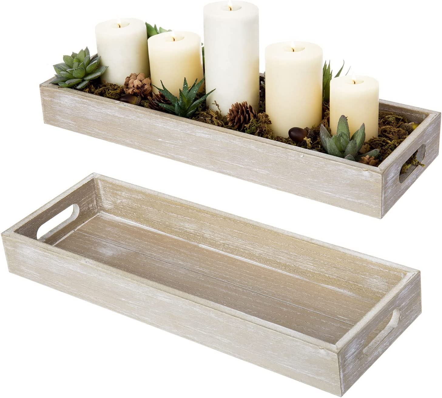 White Lift Decorative Serving Trays With Cutout Handles,Rectangular Ottoman Tray Centerpiece For Coffee Table Living Room Tea & 