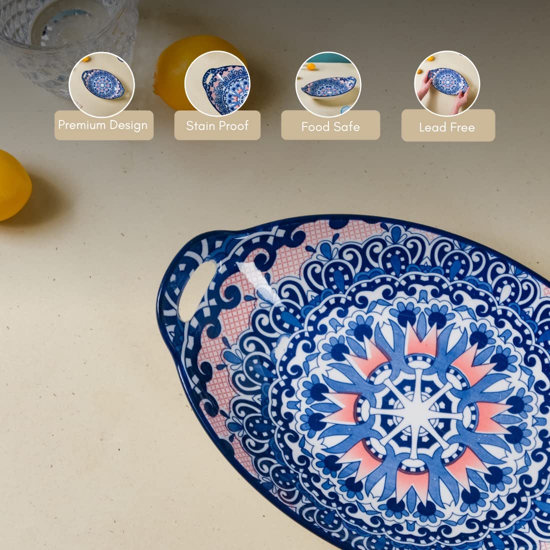 Nestasia Blue Mandala Ceramic Long Dish with Handles for Serving Snacks, Appetizers, Salads, and Noodles| Microwave Safe, Dishwa