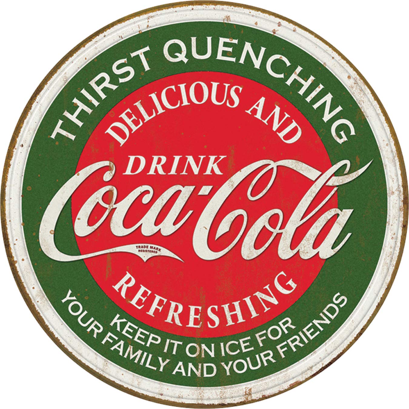 Desperate Enterprises Drink Coca-Cola Thirst Quenching Round Aluminum Sign With Embossed Edge - Nostalgic Vintage Metal Wall Dec