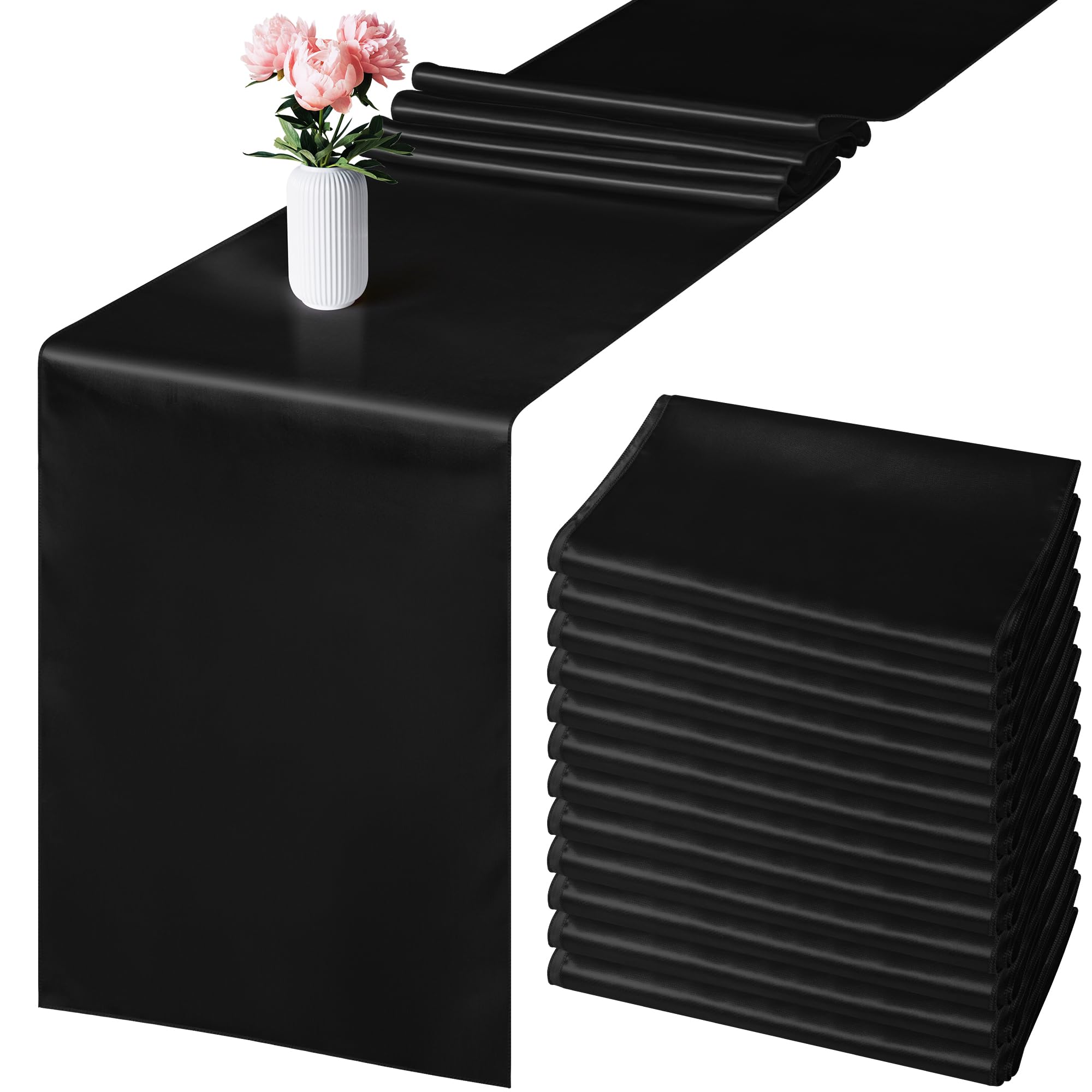 Aneco 12 Pack Satin Table Runner 12 X 108 Inch Black Long Wedding Satin Silk Table Runner For Wedding Banquet Graduations Birthd