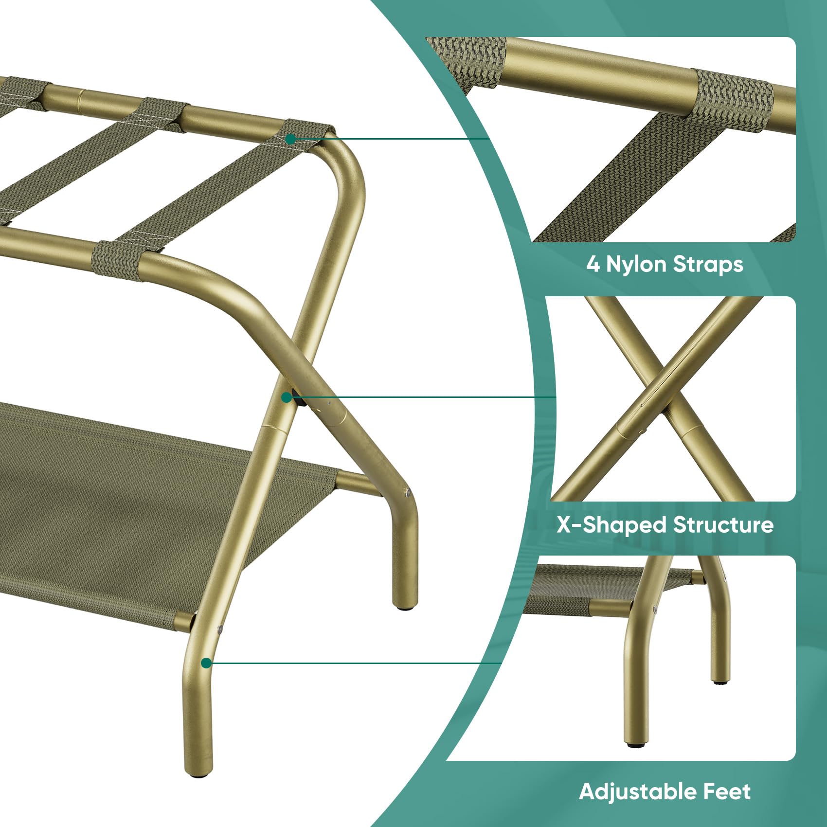 Smuxee Gold Luggage Rack, Foldable Suitcase Stand With Fabric Storage Shelf, Luggage Holder With 4 Nylon Straps For Guest Room B