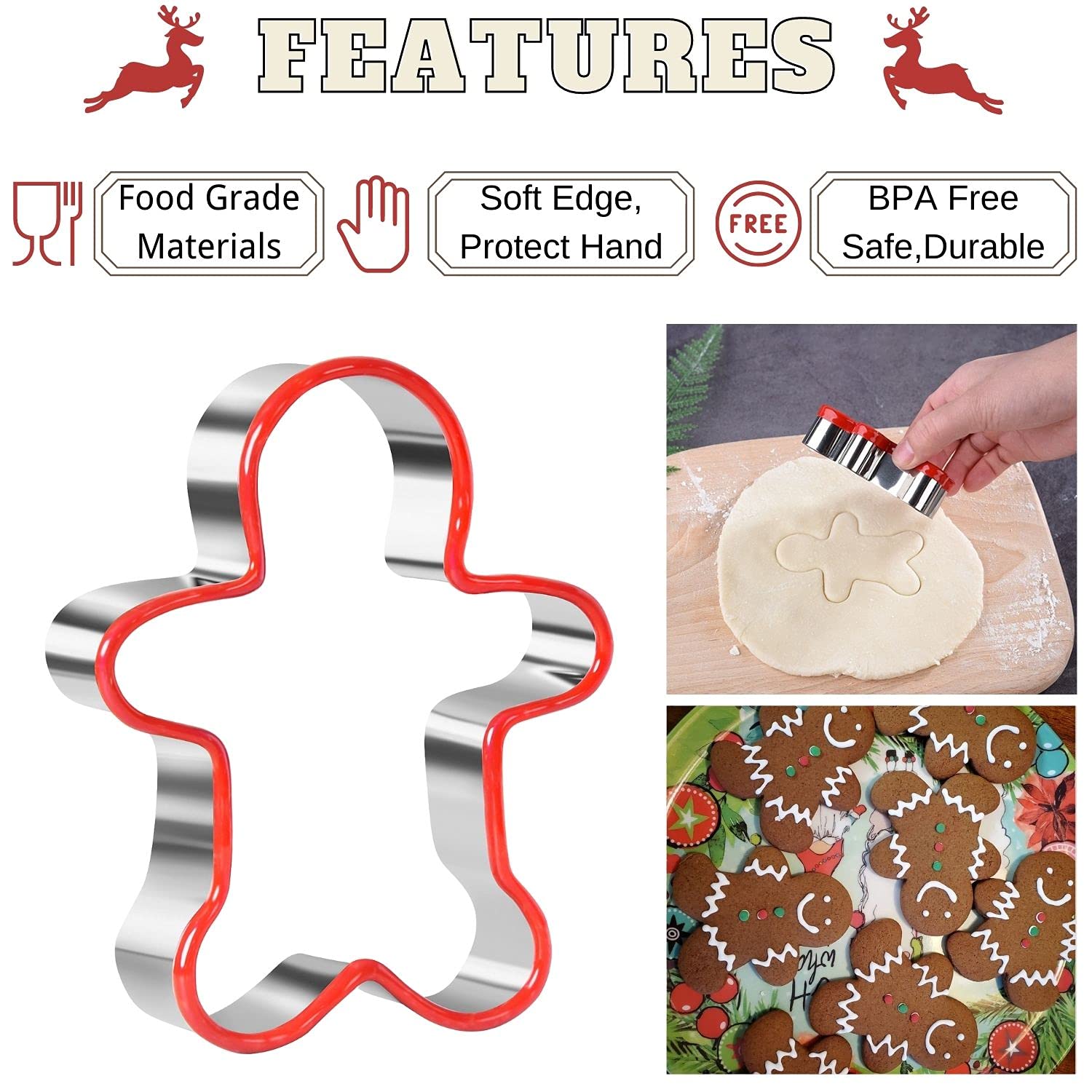 Crethinkaty Christmas Cookie Cutter Set 5 Pieces Stainless Steel Gingerbread Man,Snowflake,Snowman,Christmas Tree And Reindeer S