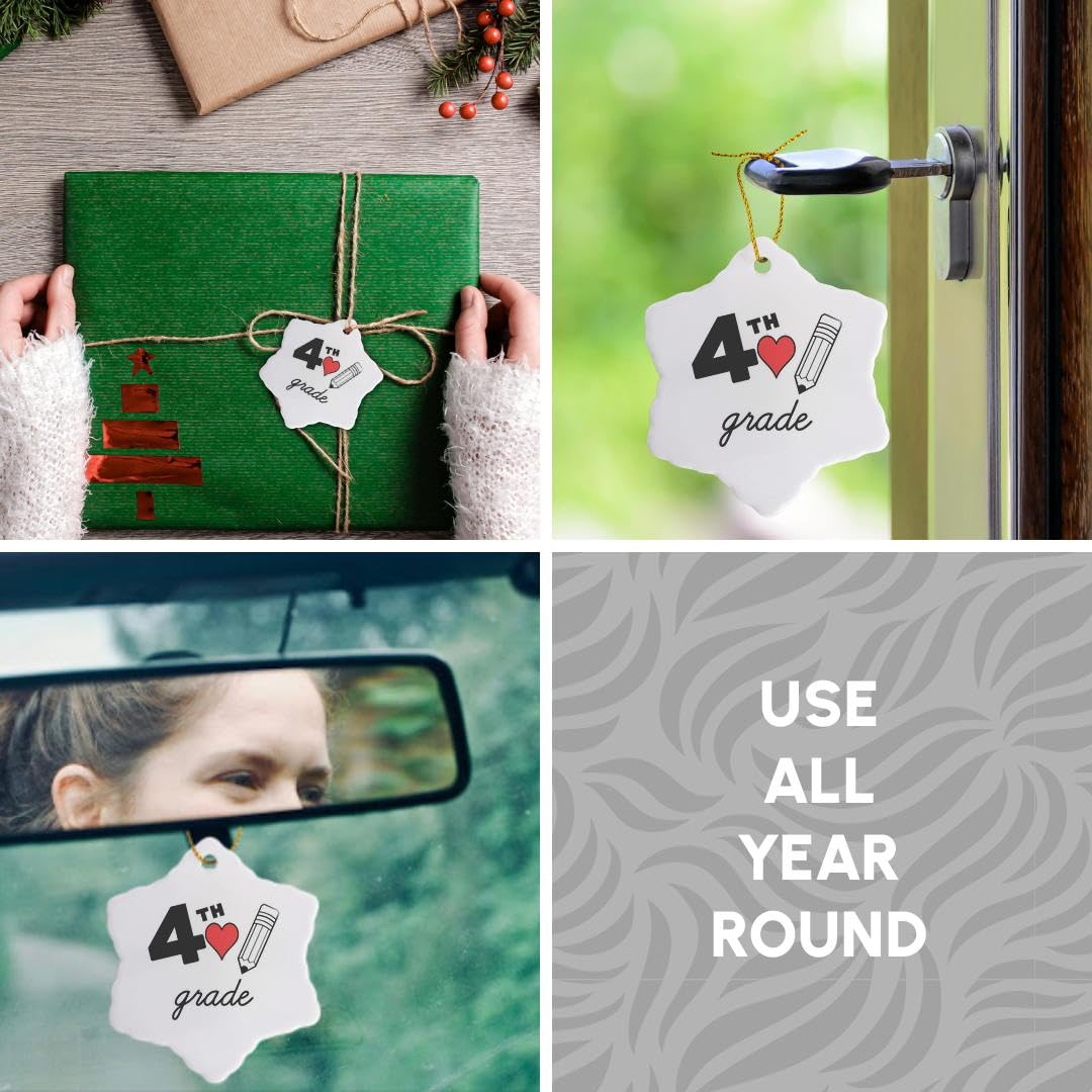 3 inch Snowflake Porcelain Ornament - 4th Grade with Clipart red Heart and Pencil. Black Lettering on White. Stamp City - Typogr