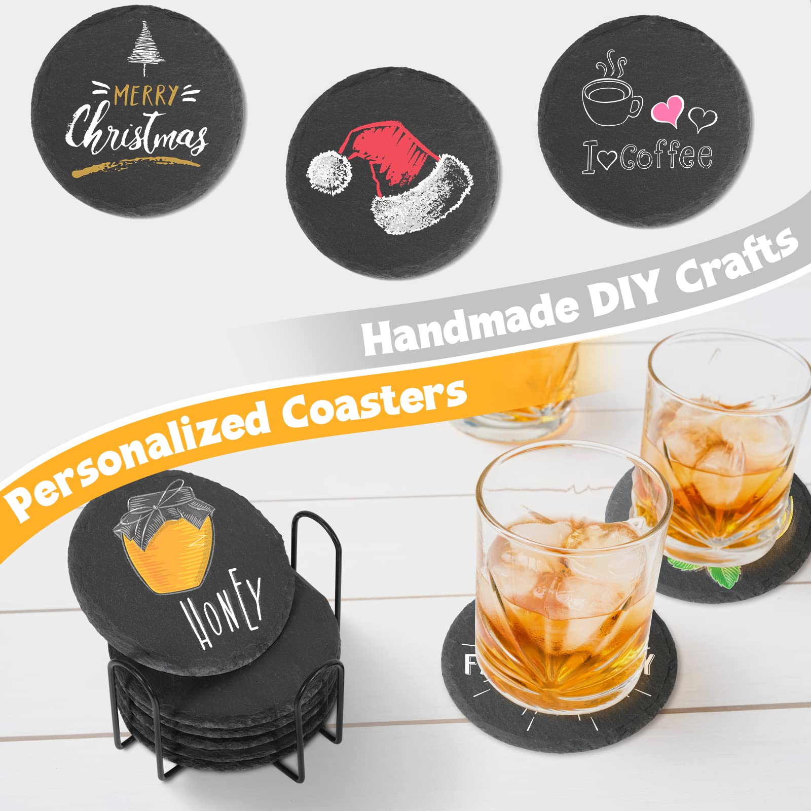 Handmade Slate Stone Coasters For Drinks - Set Of 8 - Black Drink Coasters With Holder - Non-Slip Cup Mat Anti-Scratch Table Coa