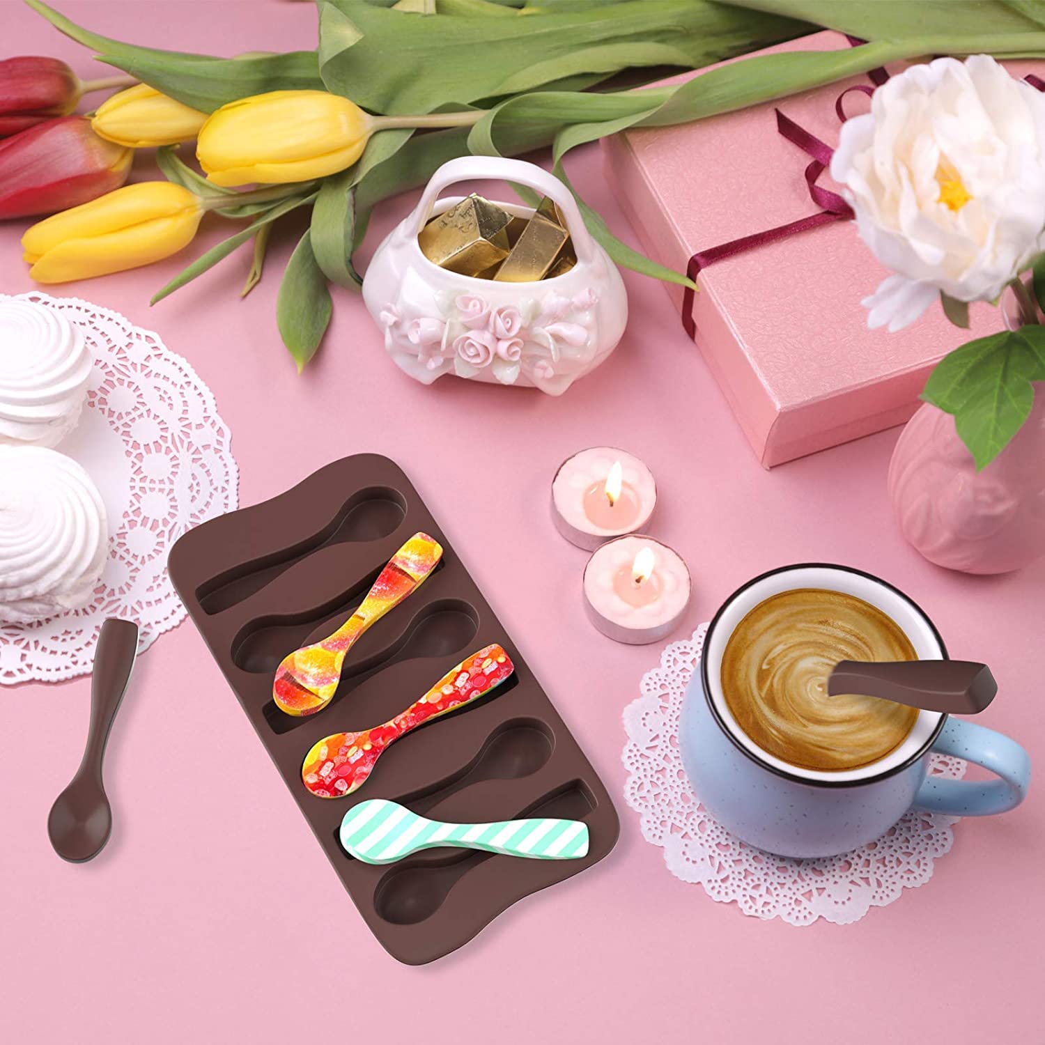 Spoon Shaped Chocolate Silicone Mold 3Pcs-6 Cavity Hot Chocolate Spoon Molds For Hot Cocoa & Coffee Butterscotch Handmade Chocol
