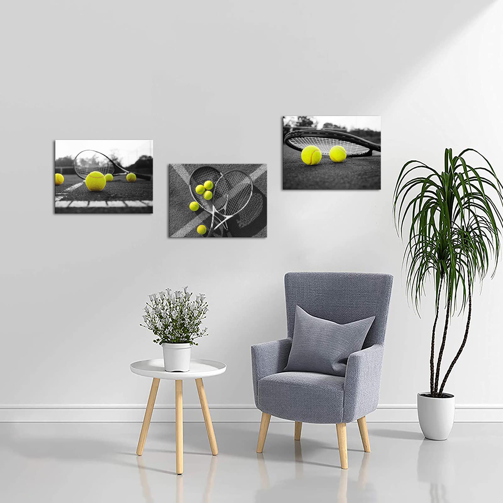 Derkymo 3 Pieces Tennis Pictures Artwork Black And White Canvas Wall Art Sport Theme Prints Framed For Tennis Club Gym Wall Deco