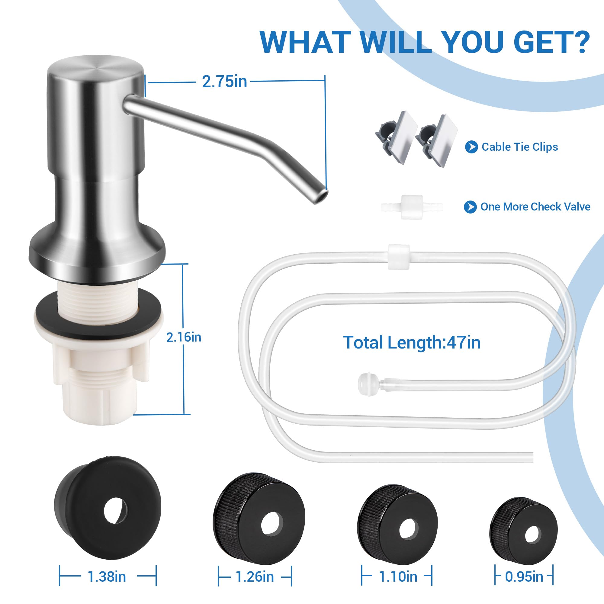 Dish Soap Dispenser For Kitchen Sink And Tube Kit (Brushed Nickel), 47 Tube Connects Pump Directly To Soap Bottle, Stainless Ste