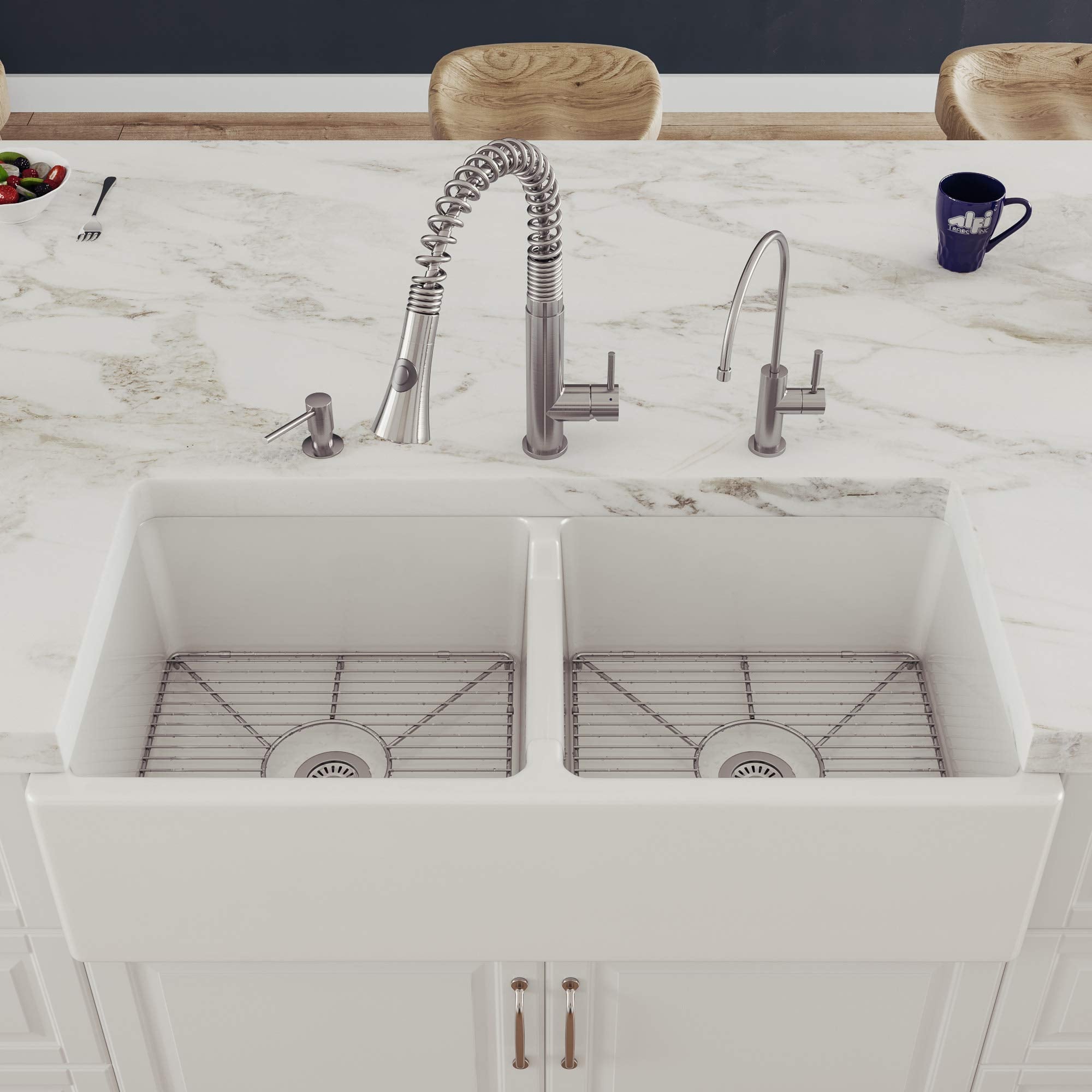 Alfi Brand Ab3918Db-W Smooth Thick Wall Fireclay Double Bowl Farm Sink, 39'', White